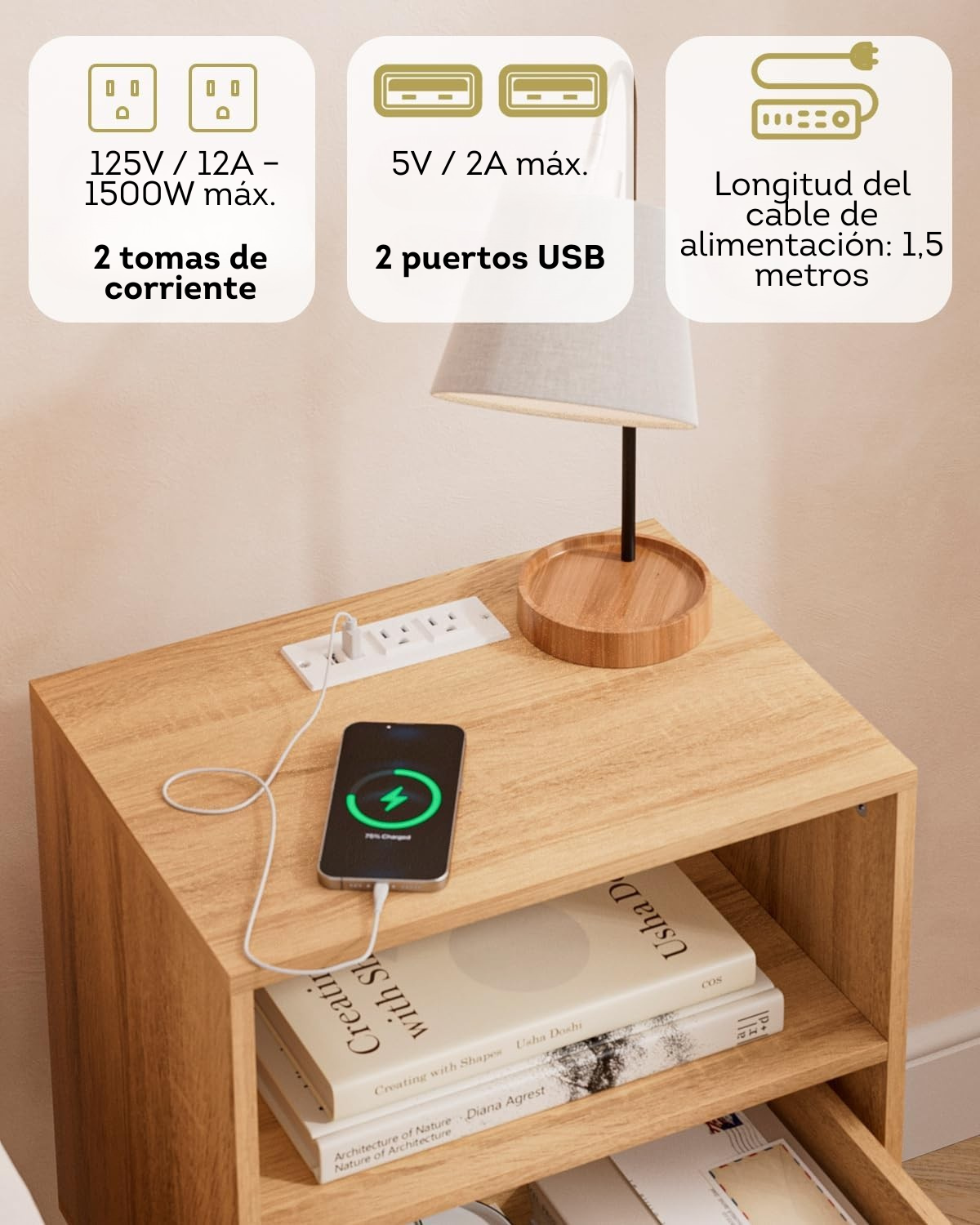 Mesita de noche de ratán con estación de carga (SOBREPEDIDO)