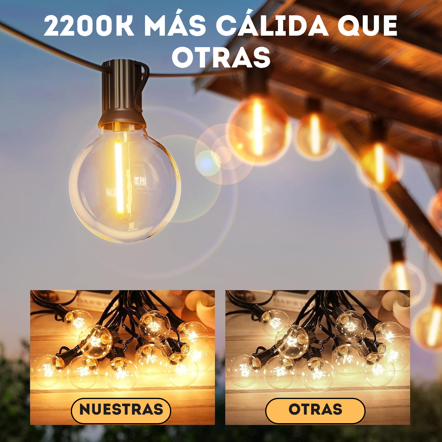 Tira de luces para exteriores,13 bombillas de globo - 8 Metros