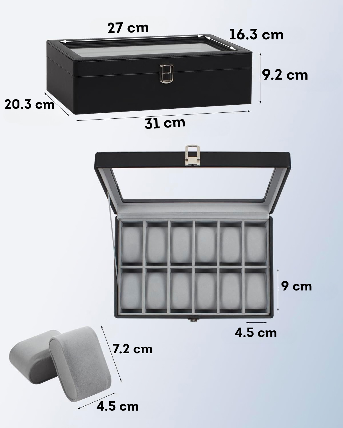 Caja para relojes con 12 espacios y tapa de vidrio color negro (SOBREPEDIDO)