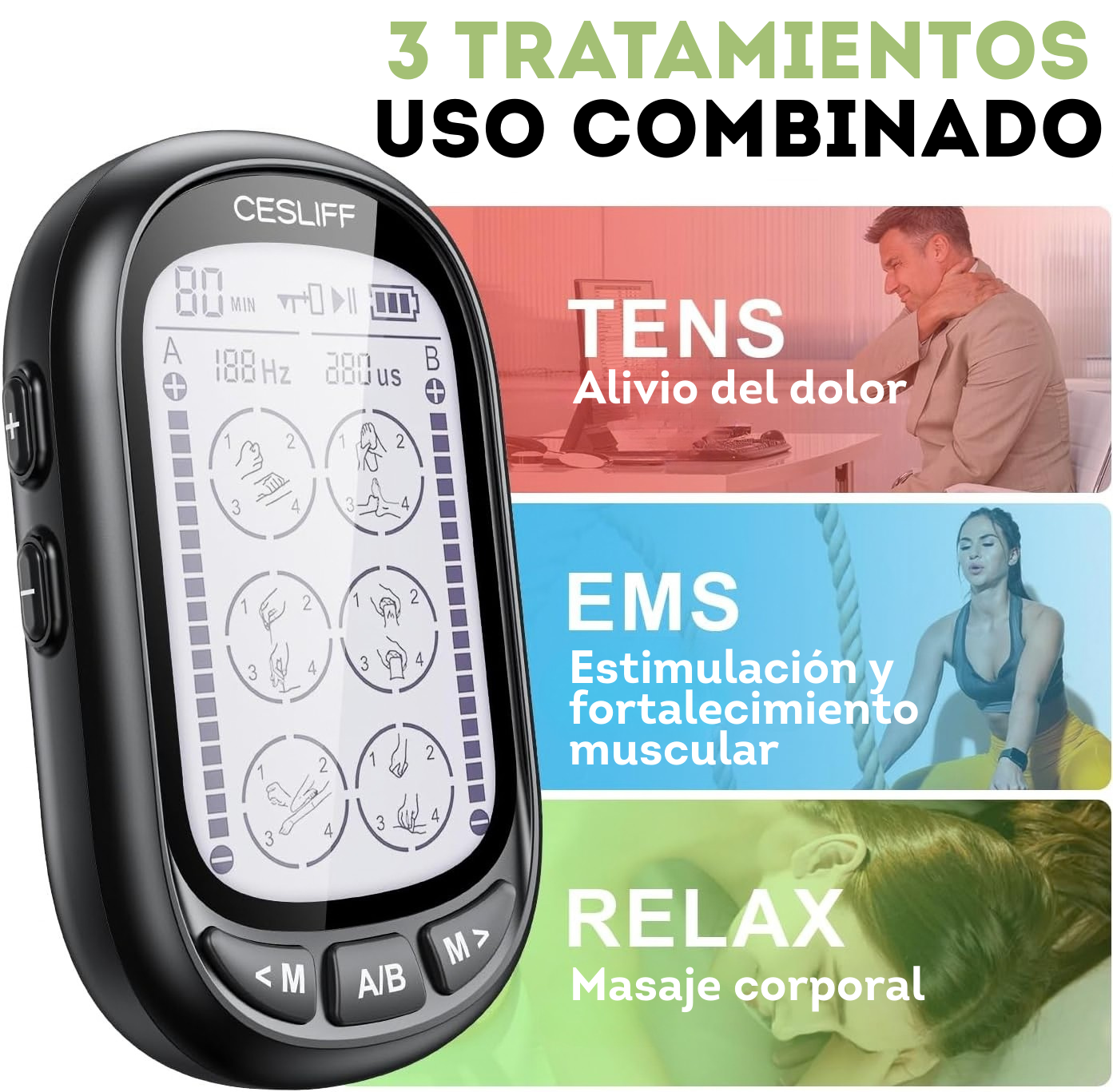 Estimulador TENS EMS de Doble Canal para musculos relajación color Plateado