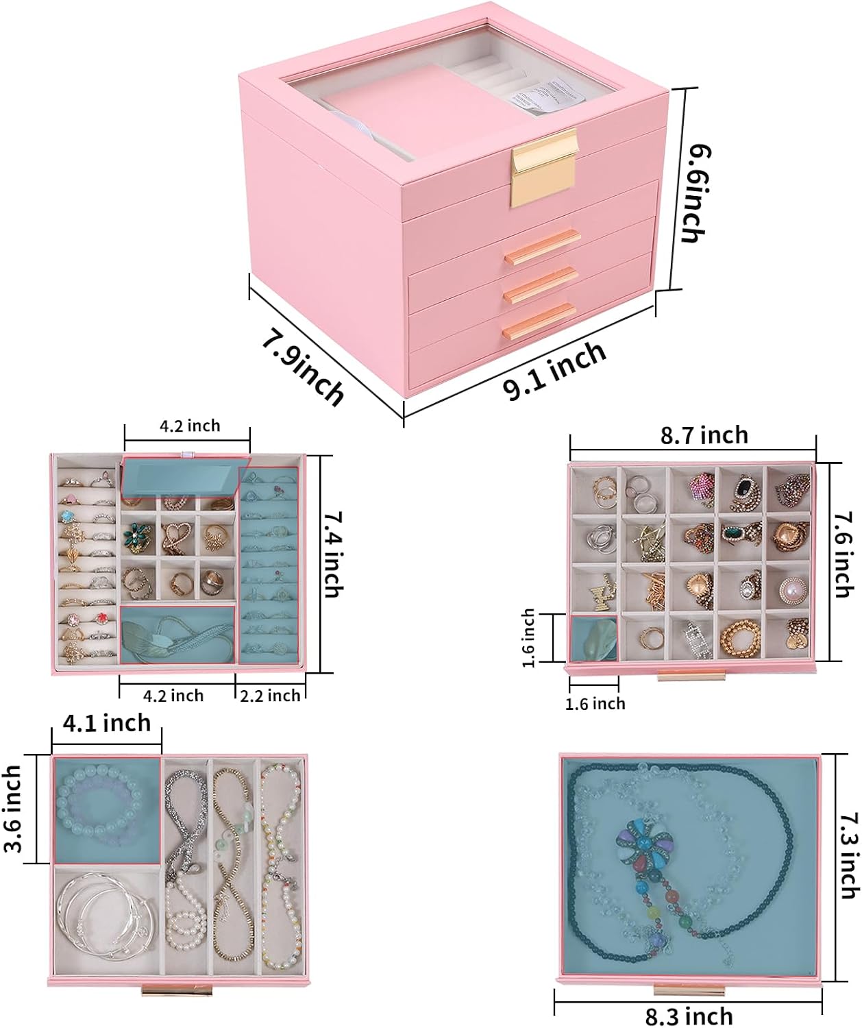 Joyero grande Organizador con divisiones Rosa (Copia)
