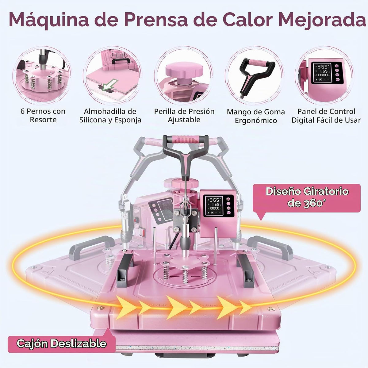 Prensa térmica de calor 8 en 1 Rosa con gris - 38 cm x 38 cm (SOBRE PEDIDO)