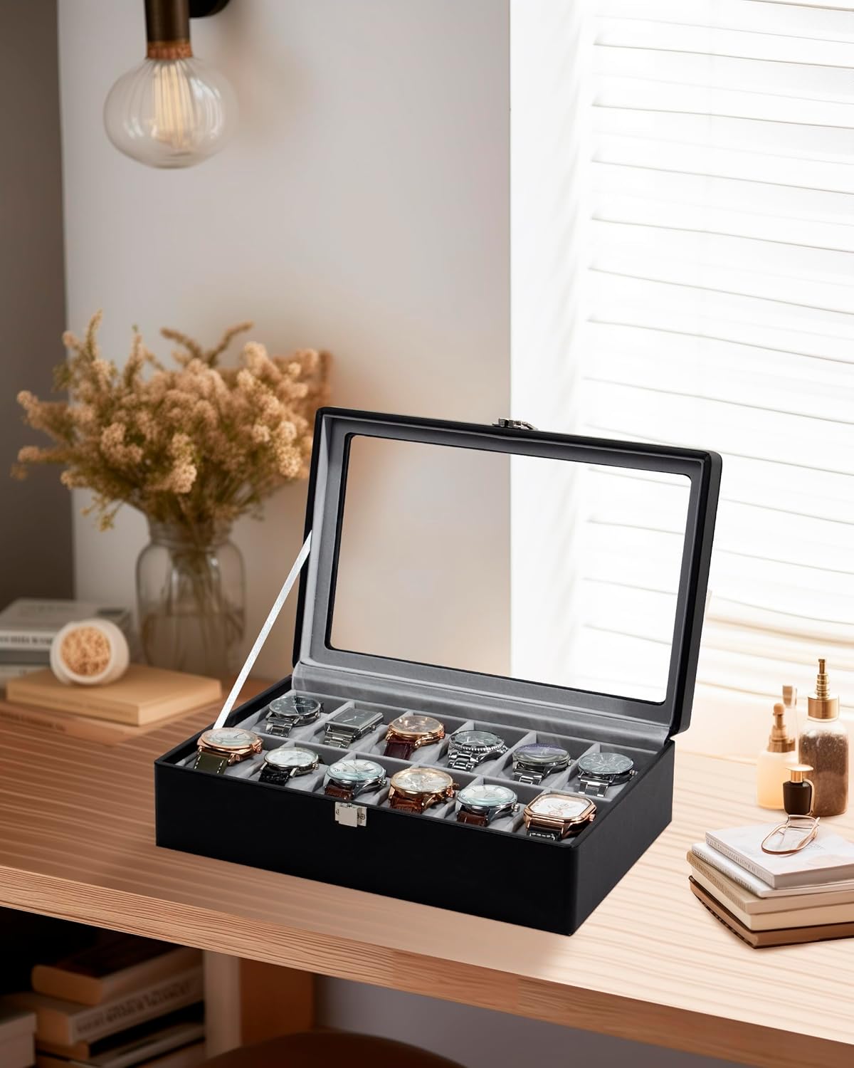 Caja para relojes con 12 espacios y tapa de vidrio color negro (SOBREPEDIDO)