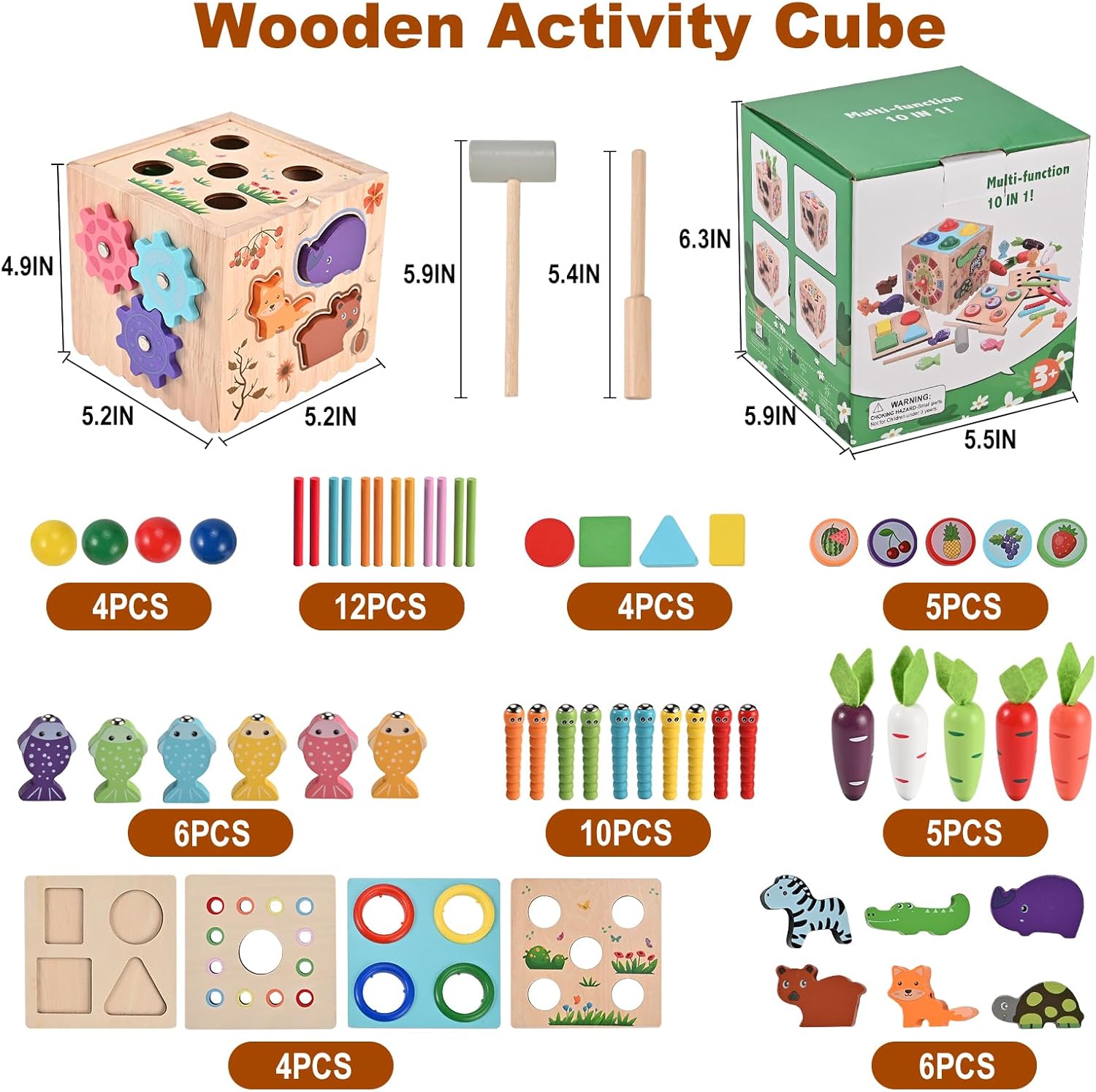 Cubo de actividades, juguetes Montessori de madera 10 en 1