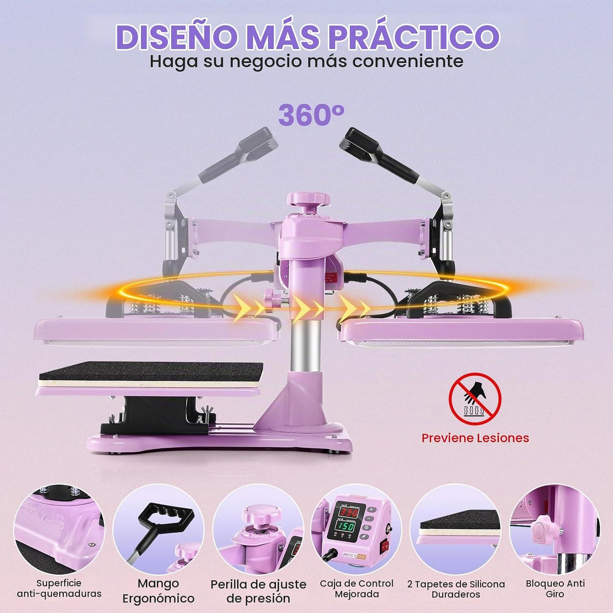 Prensa térmica de calor 8 en 1 Lila con negro - 38 cm x 30 cm (SOBRE PEDIDO)