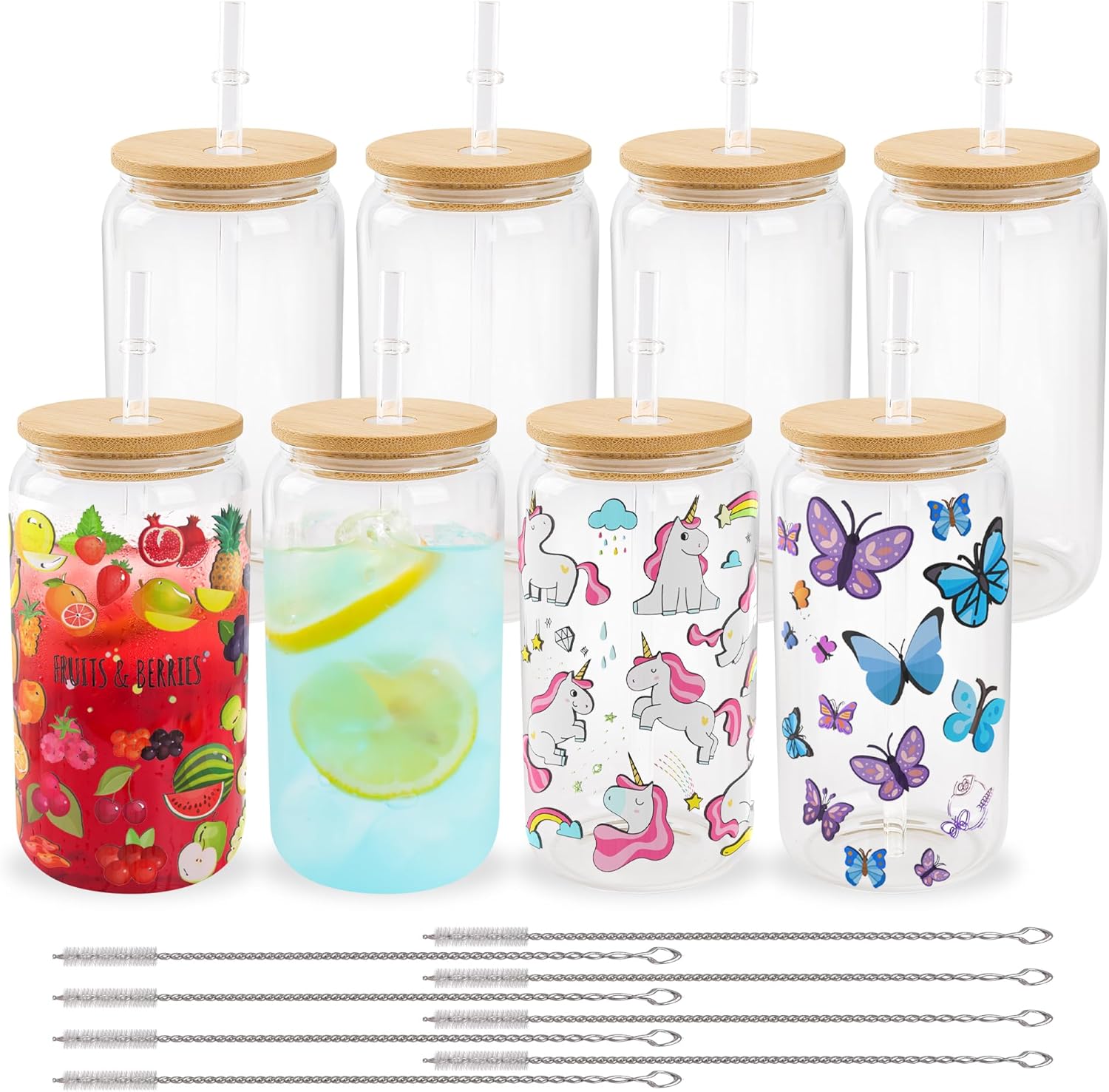 Paquete de 8 vasos de vidrio de sublimación en blanco con tapa de bambú 16 onzas - SOBREPEDIDO