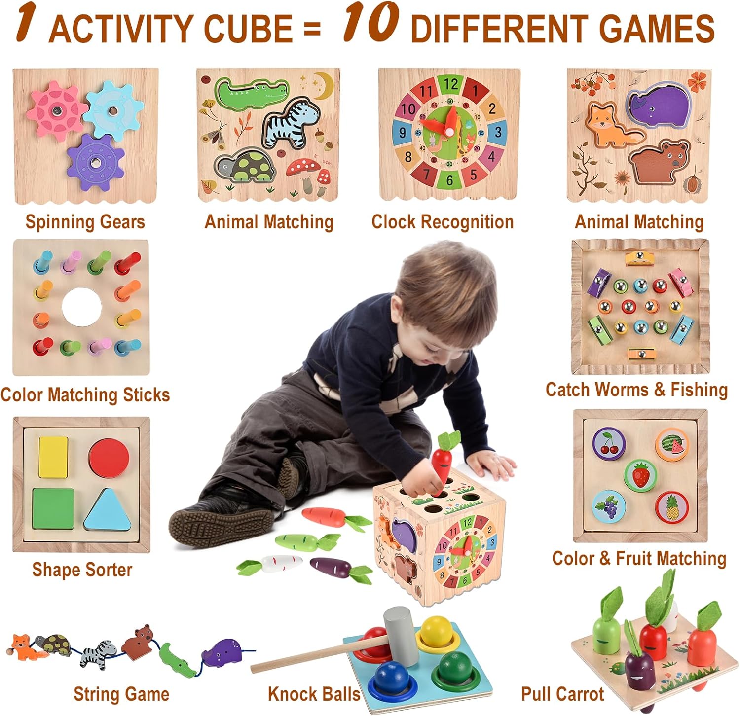 Cubo de actividades, juguetes Montessori de madera 10 en 1