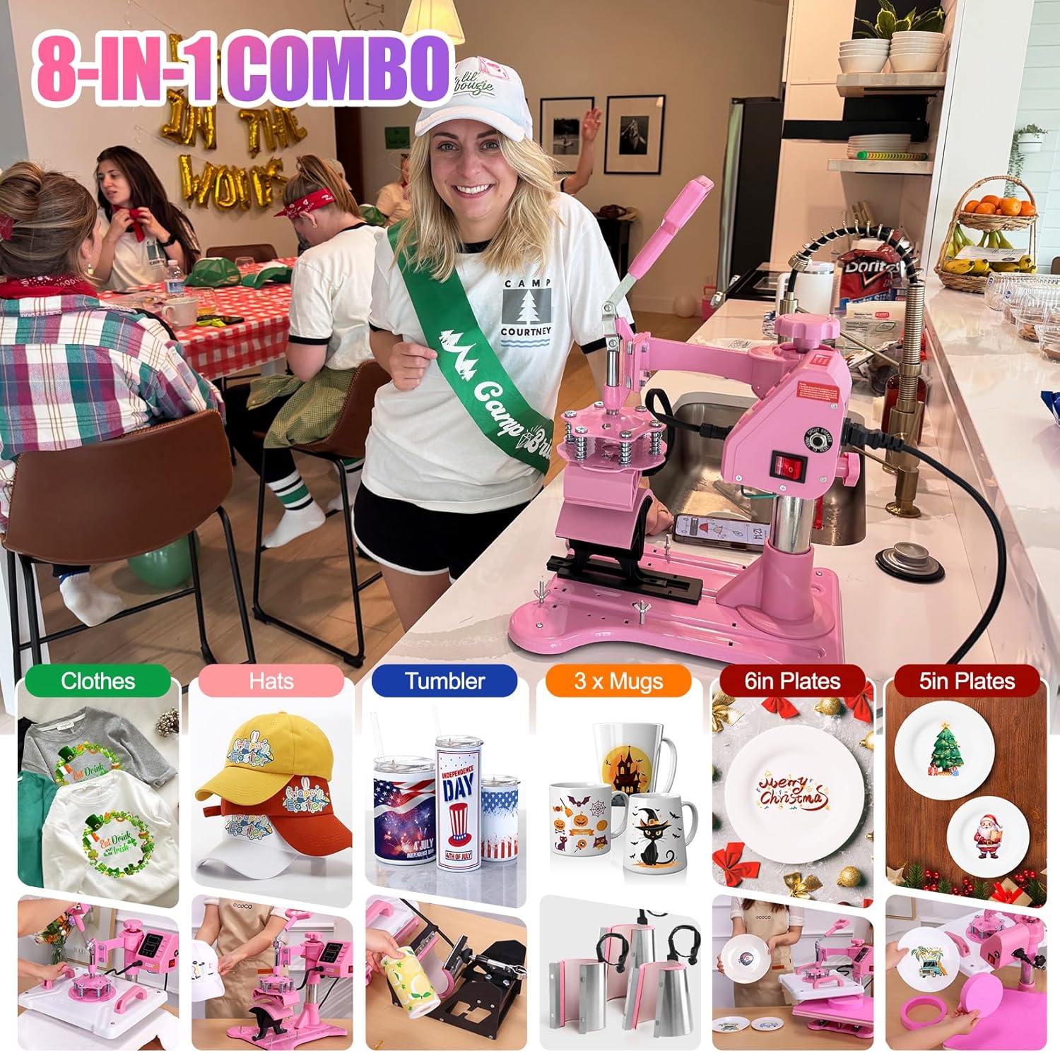 Prensa térmica de calor 8 en 1 Rosa con blanco (SOBRE PEDIDO)