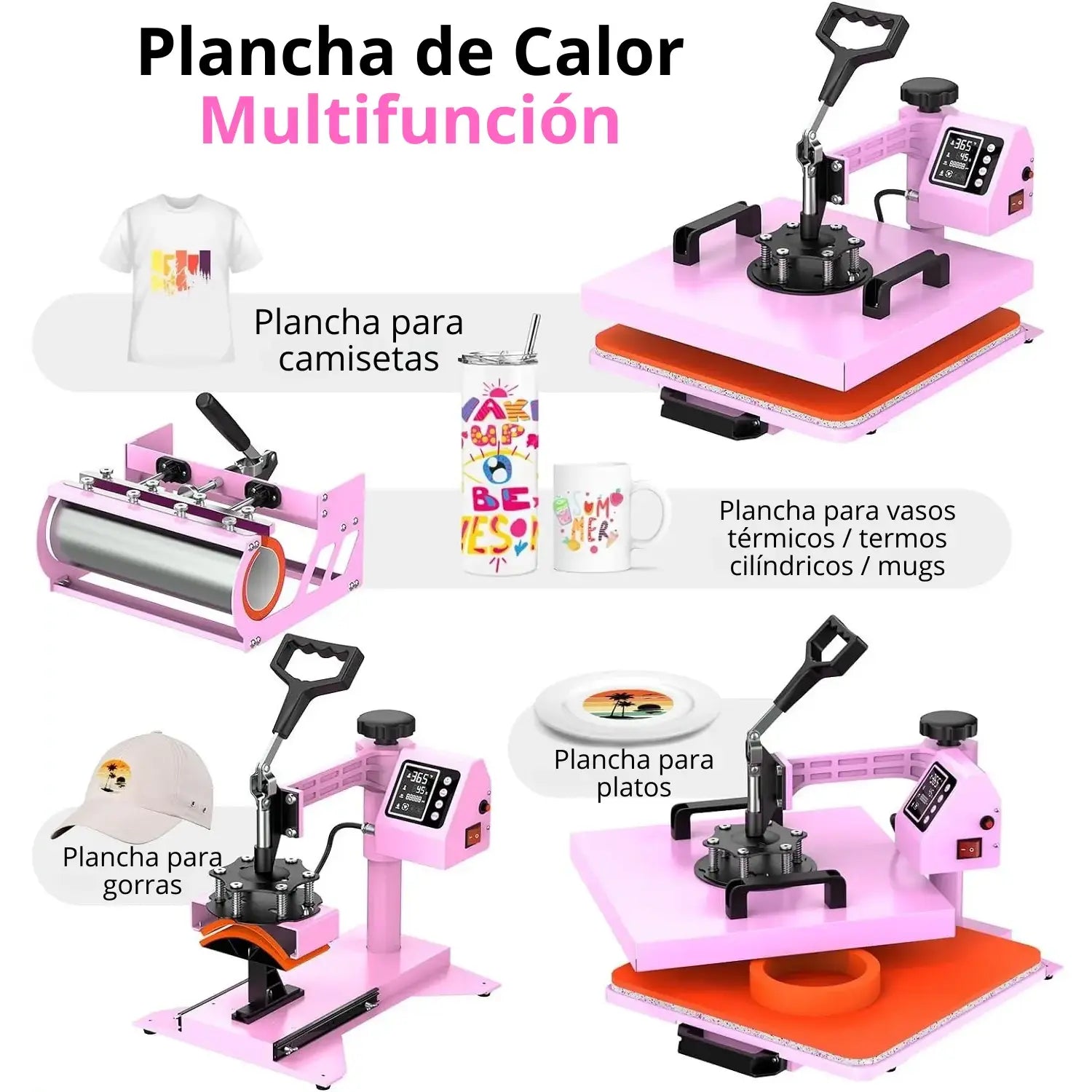 Prensa térmica de calor 5 en 1 Rosa con negro (sobre pedido)