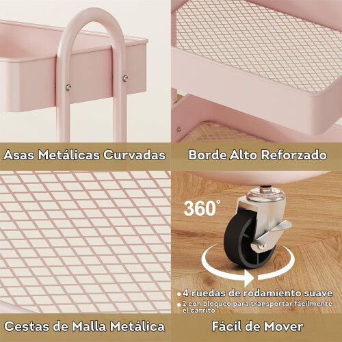 Carrito auxiliar de metal de 3 niveles rosa (Sobre pedido)