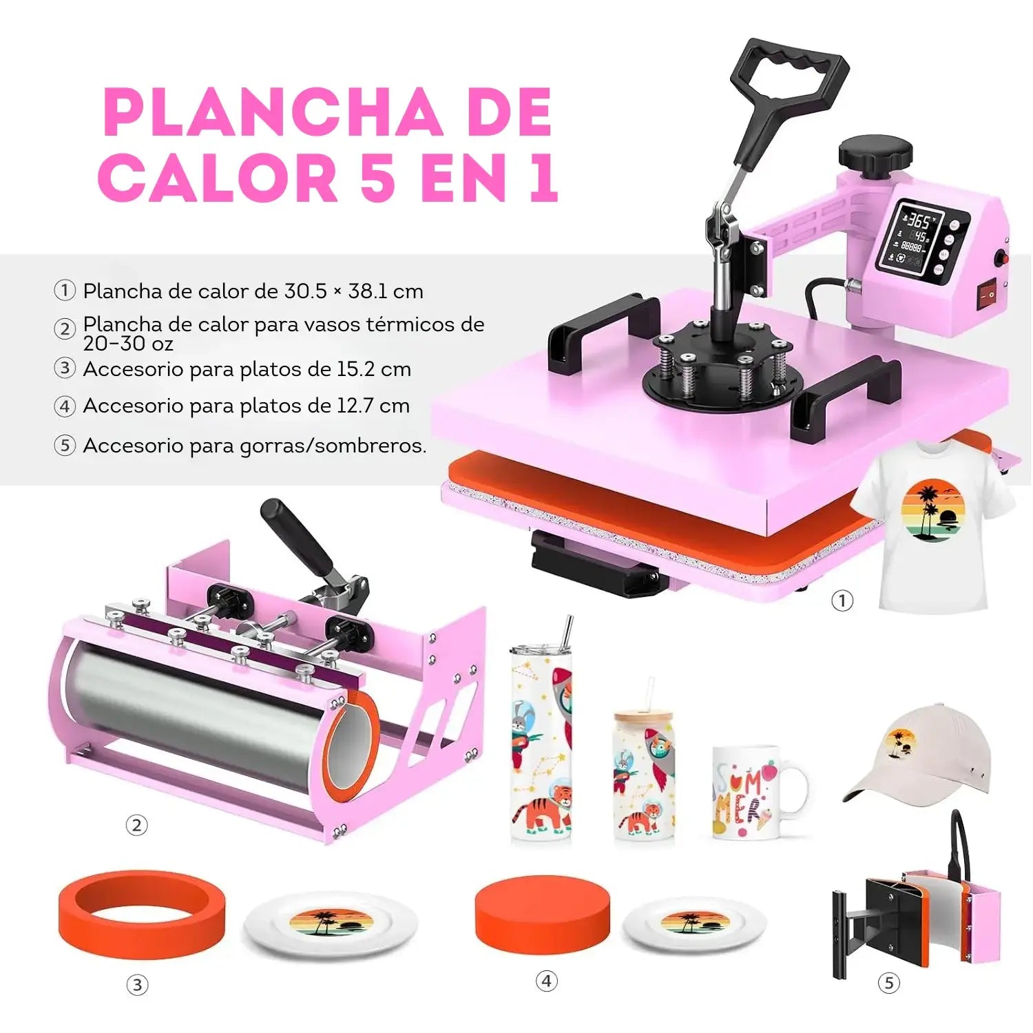 Prensa térmica de calor 5 en 1 Rosa con negro (sobre pedido)