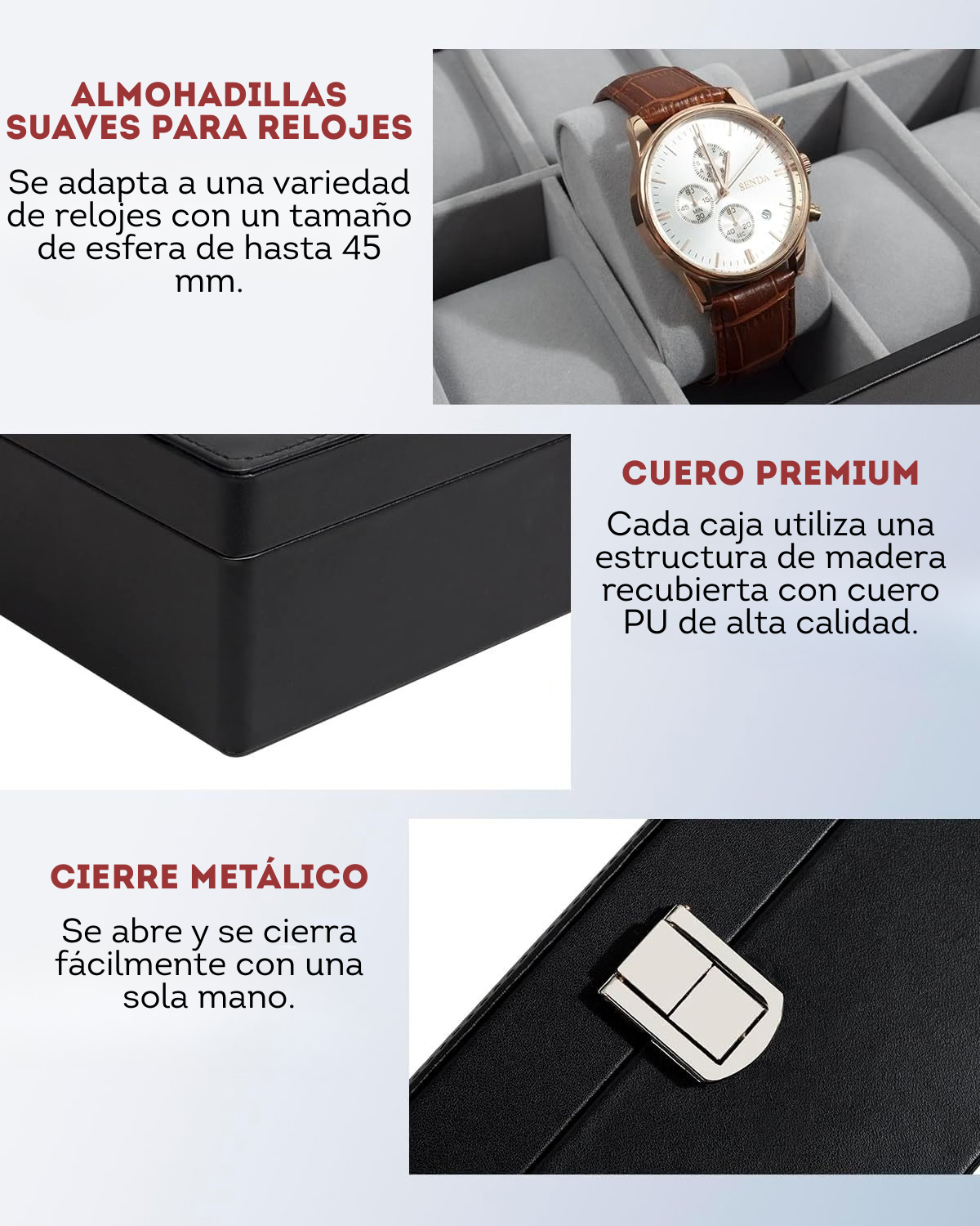 Caja para relojes con 12 espacios y tapa de vidrio color negro (SOBREPEDIDO)