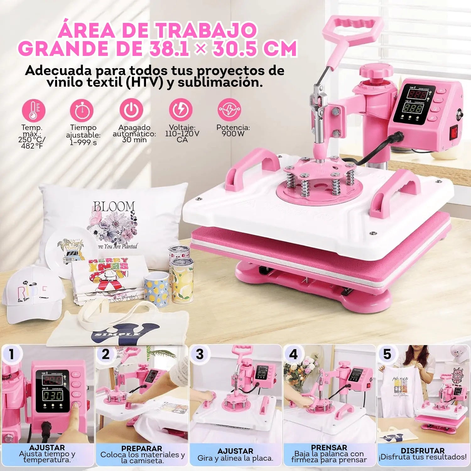 Prensa térmica de calor 5 en 1 Rosa con blanco (Disponible para envio)