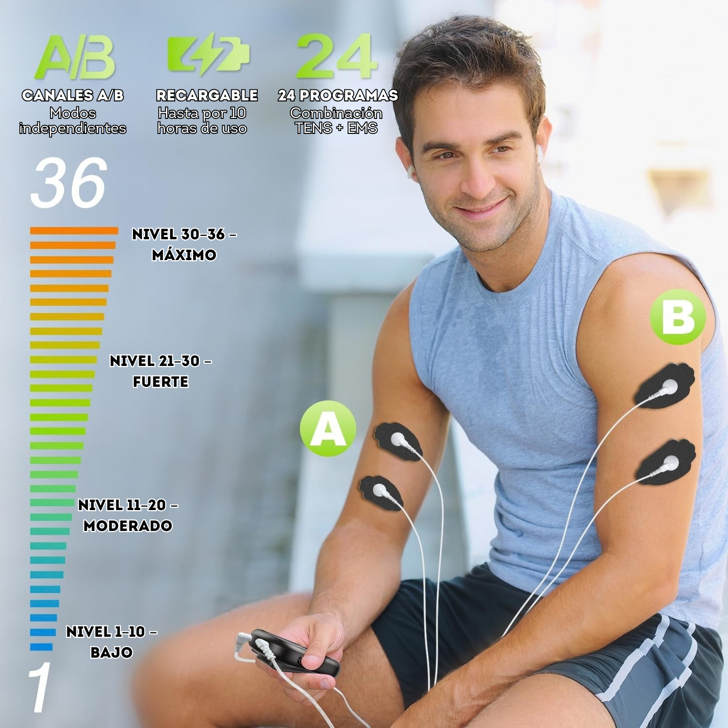 Estimulador TENS EMS de Doble Canal para musculos relajación color Plateado