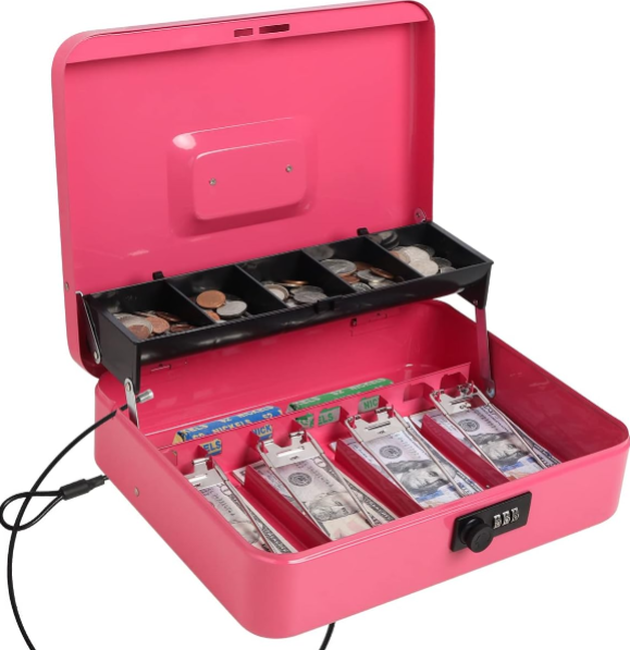 Caja de efectivo con bandeja de dinero con clave