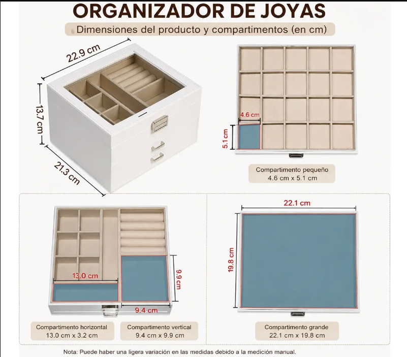 Joyero Organizador con divisiones Blanco