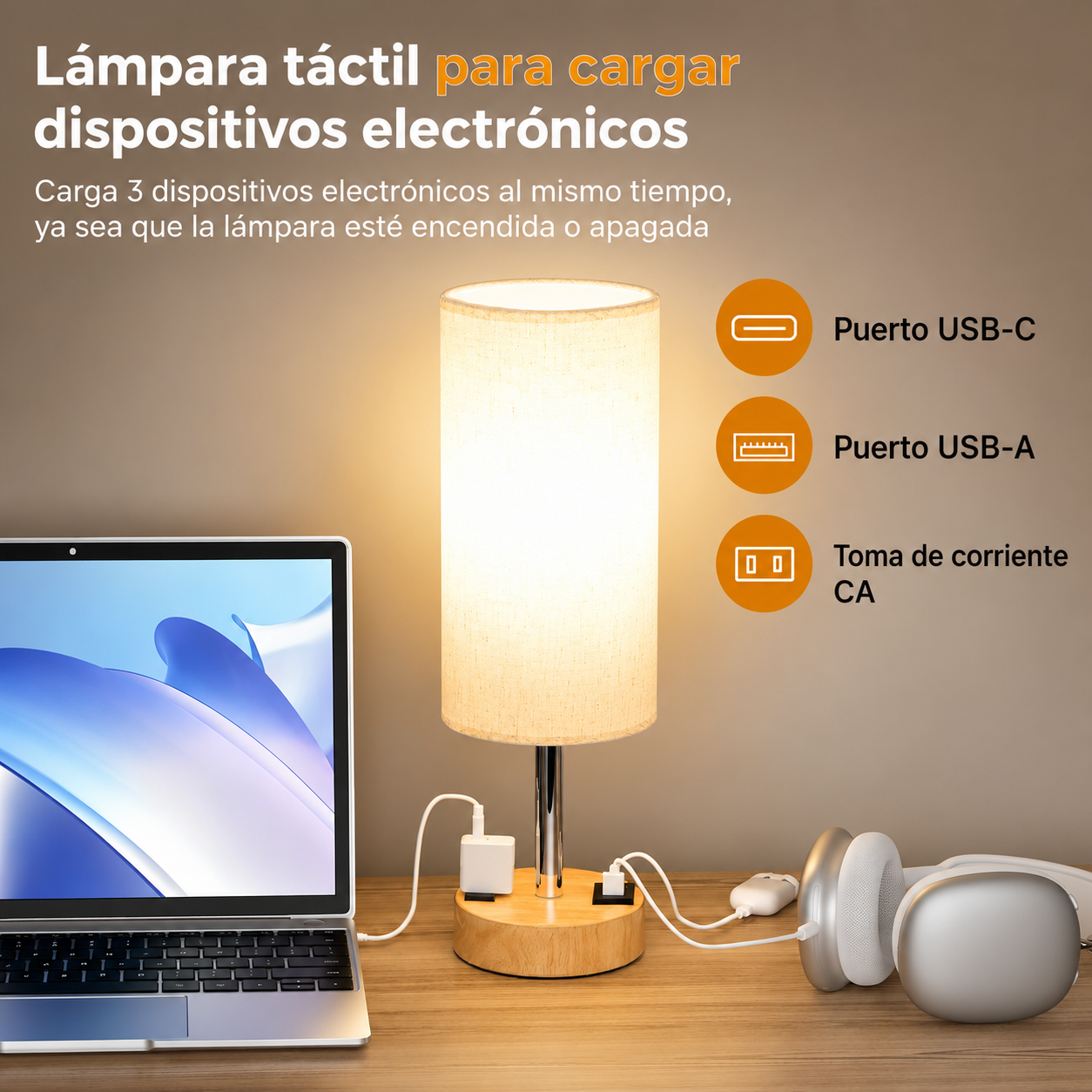 Lámpara de mesa táctil para dormitorio.