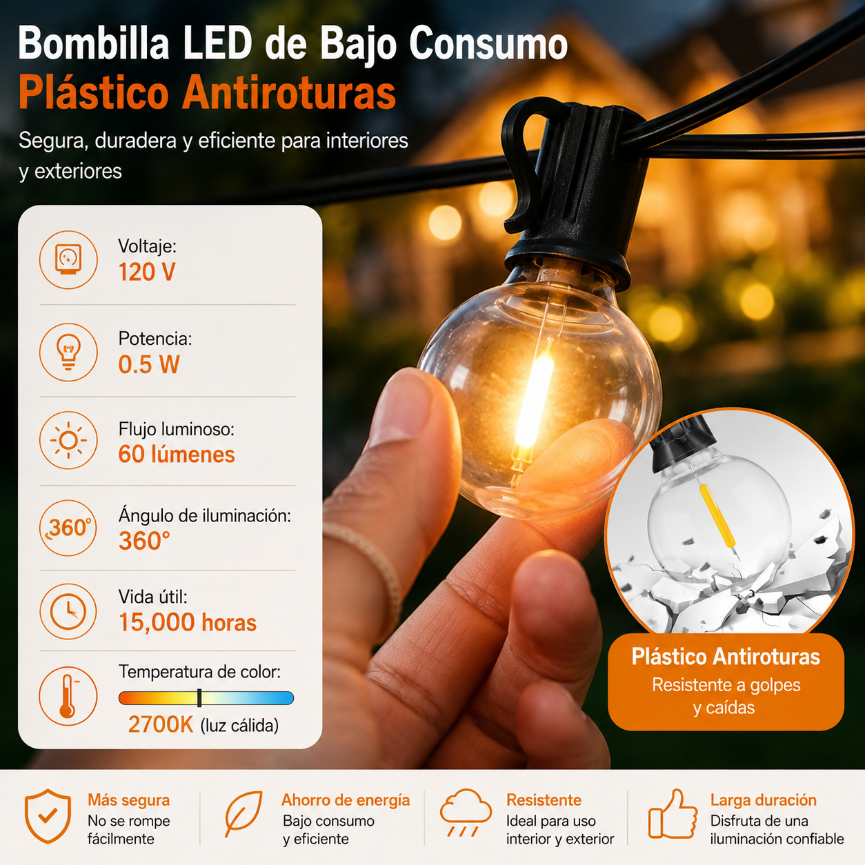 Tira de luces para exteriores, 25 bombillas de globo - 8 Metros
