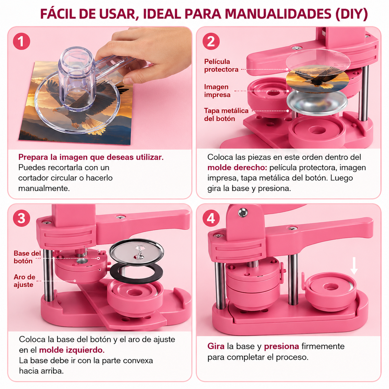 Máquina de prensa para botones color rosa (SOBRE PEDIDO)