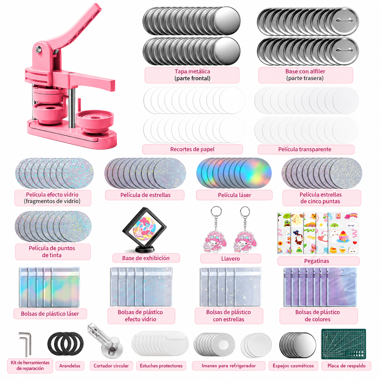 Máquina de prensa para botones color rosa (SOBRE PEDIDO)