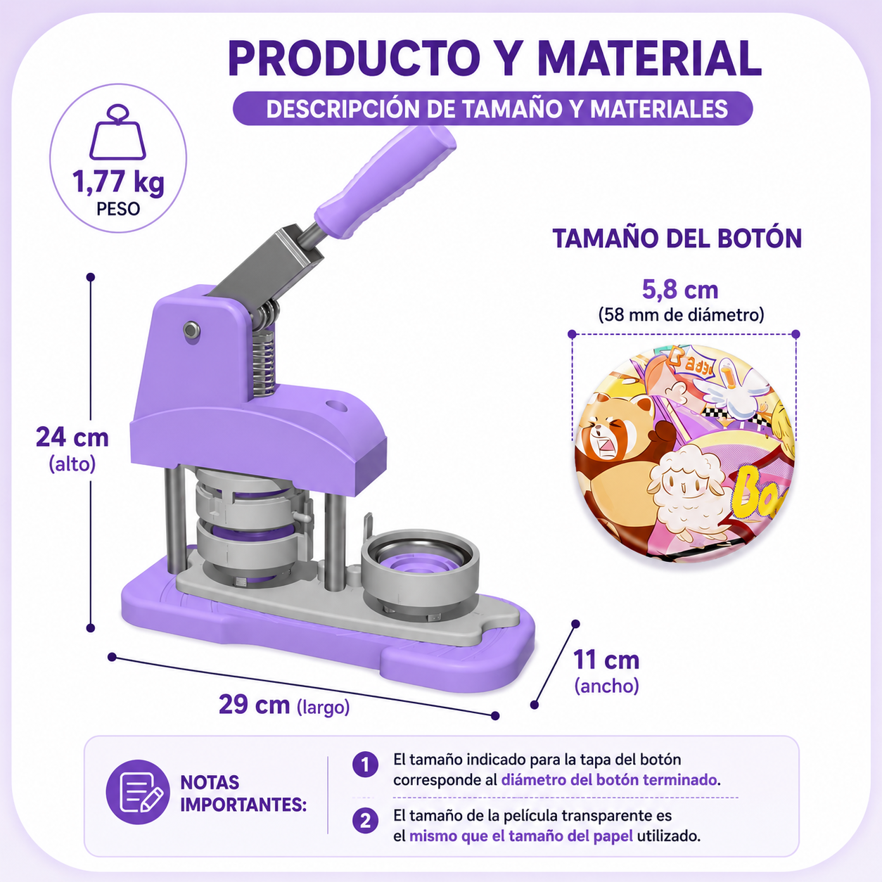 Máquina de prensa para botones color lila (SOBRE PEDIDO)