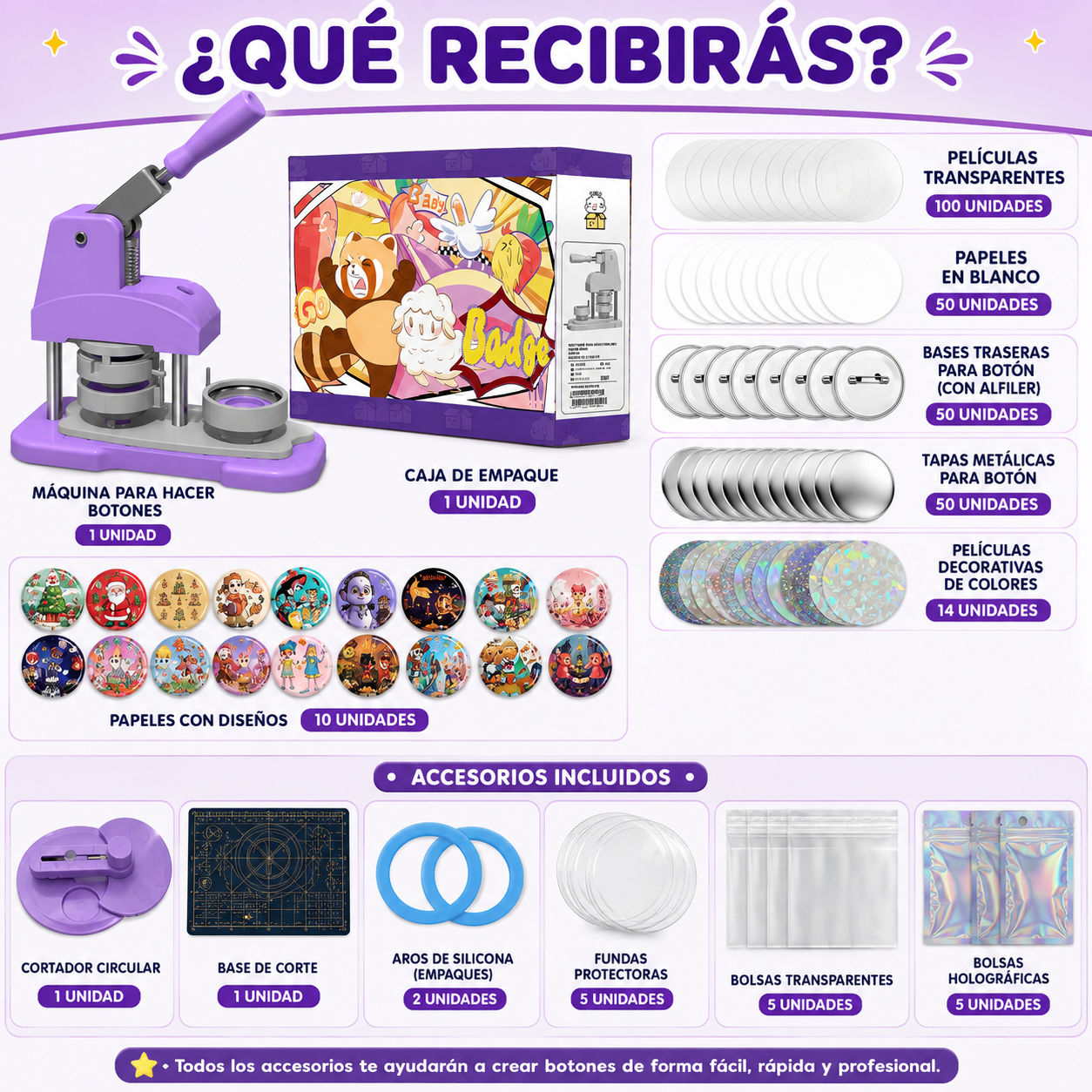 Máquina de prensa para botones color lila (SOBRE PEDIDO)