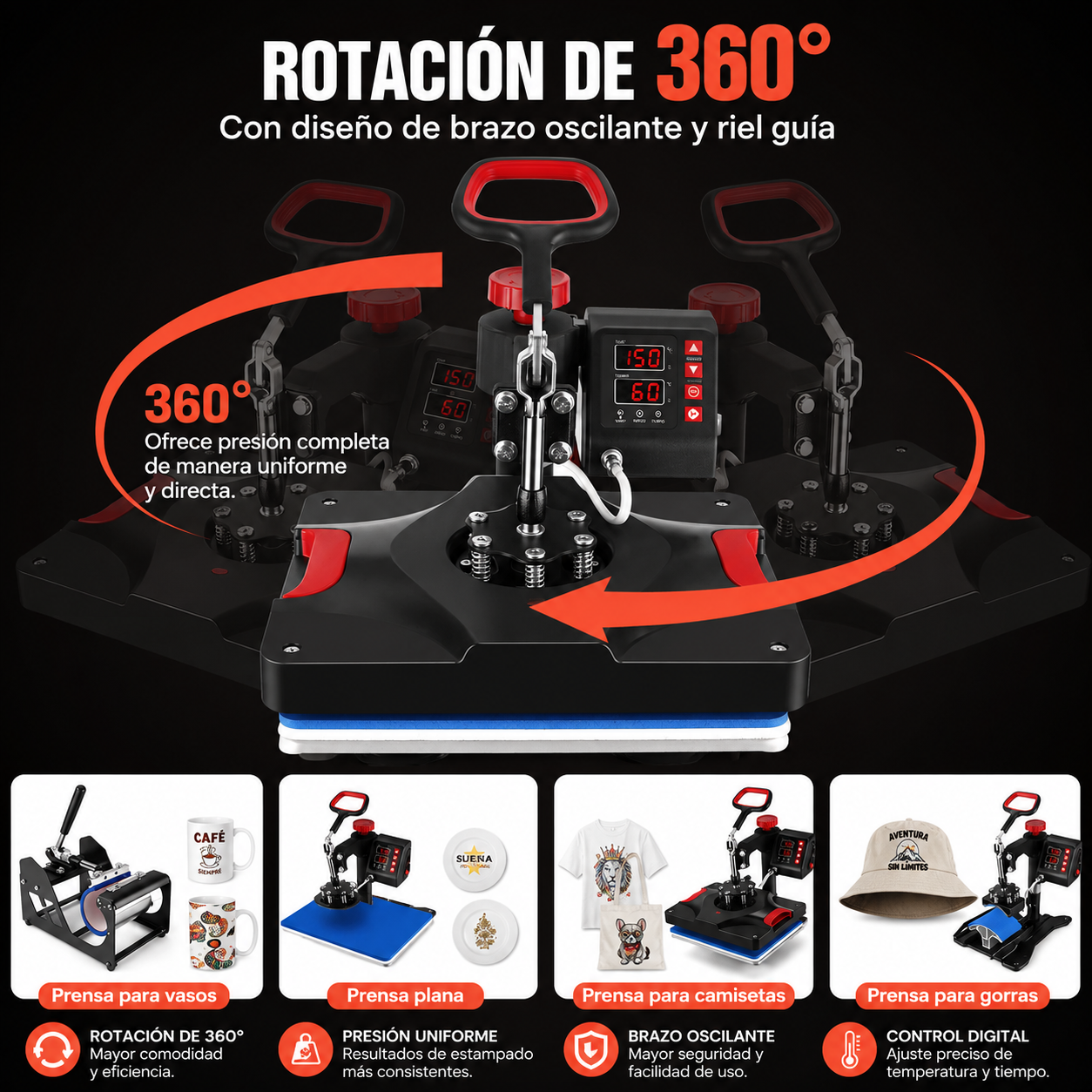Prensa térmica de calor 8 en 1 Negro con rojo (SOBRE PEDIDO)