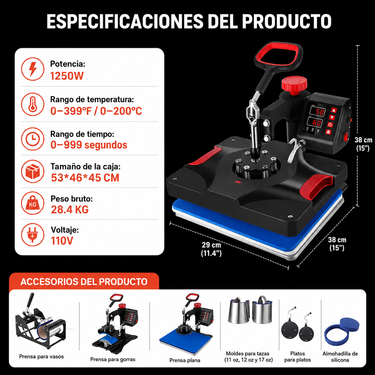 Prensa térmica de calor 8 en 1 Negro con rojo (SOBRE PEDIDO)