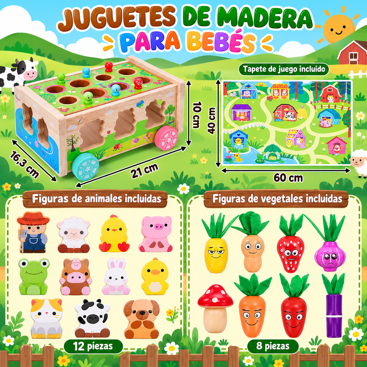 Juego de madera Montessori para niños y niñas - Aprendizaje Motricidad