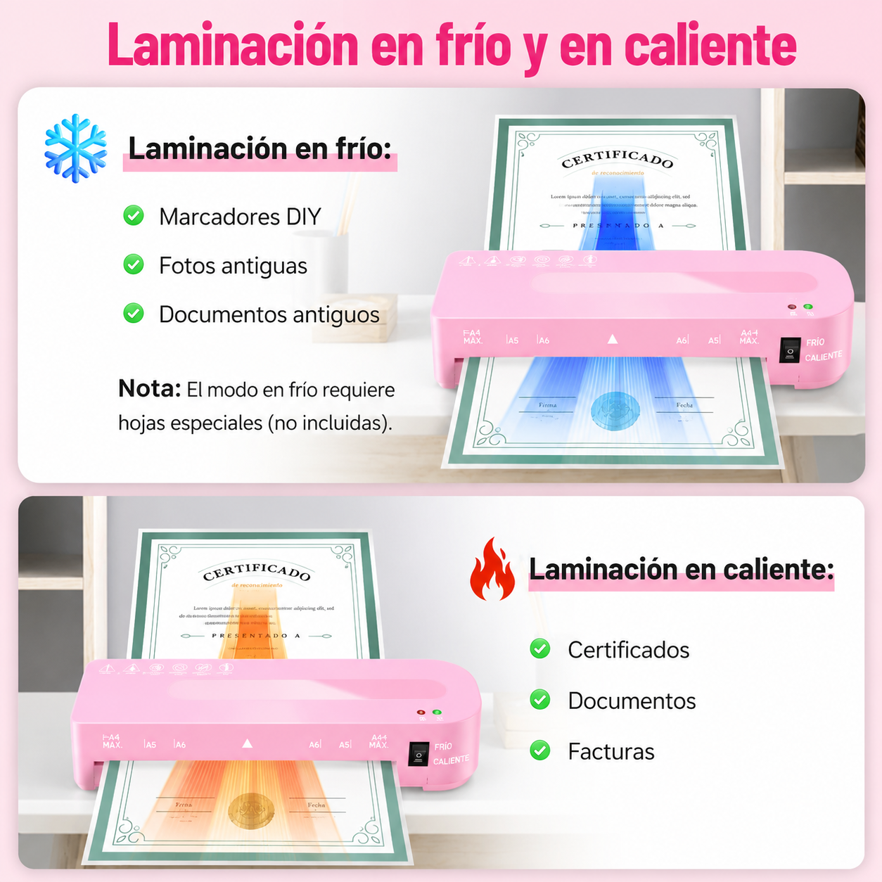Máquina laminadora Rosa con 20 hojas de laminación, caliente y fría con recortador (SOBRE PEDIDO)