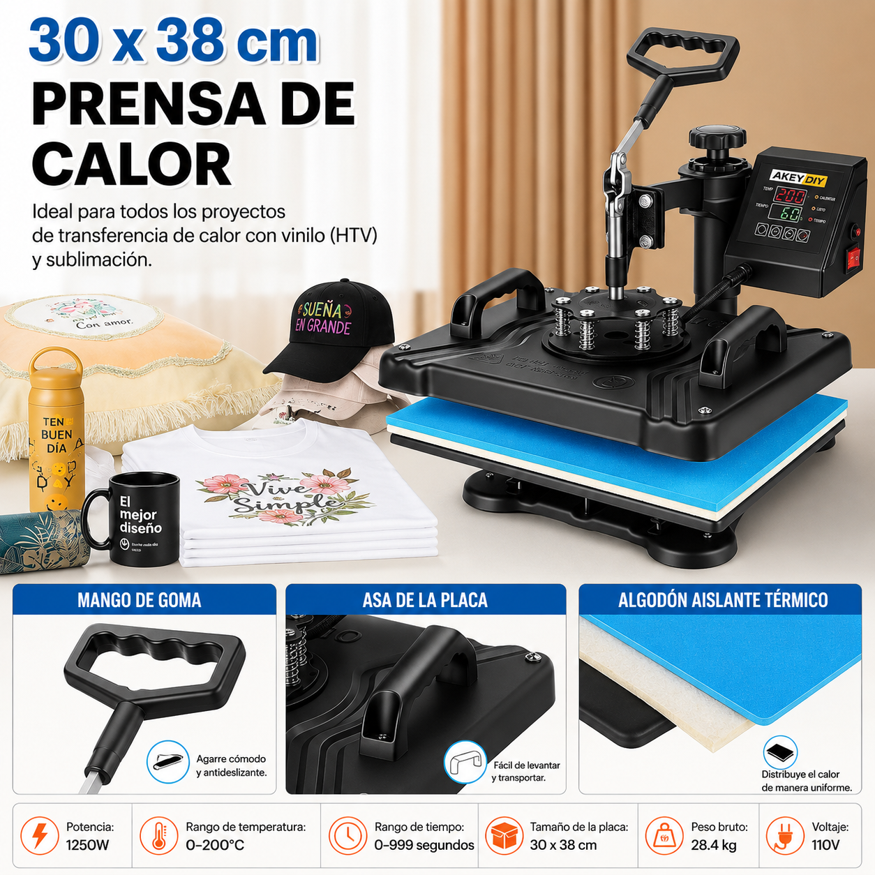 Prensa térmica de calor 8 en 1 Negro con azul (SOBRE PEDIDO)
