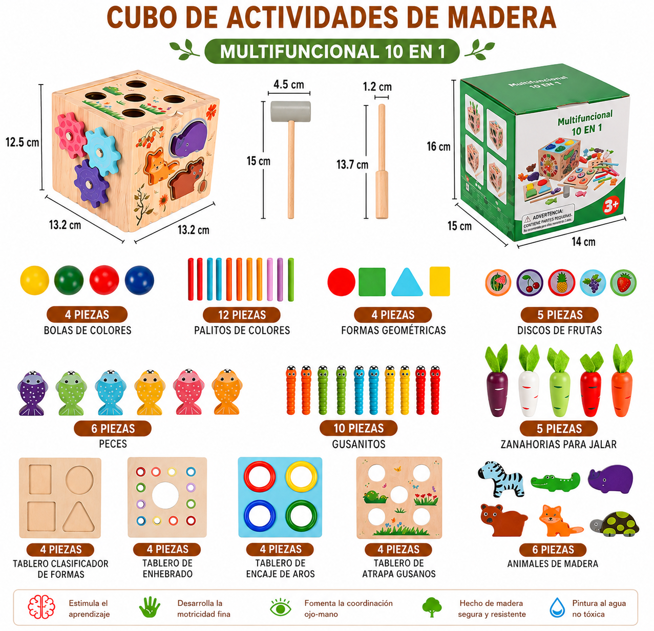 Cubo de actividades, juguetes Montessori de madera 10 en 1