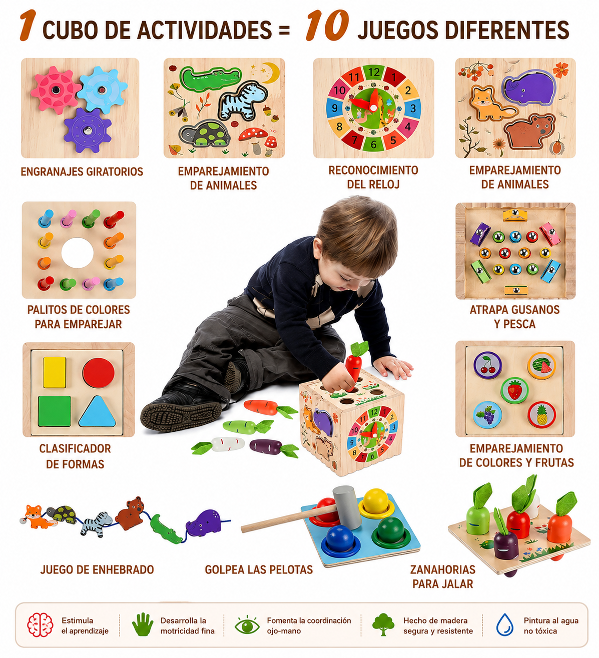 Cubo de actividades, juguetes Montessori de madera 10 en 1