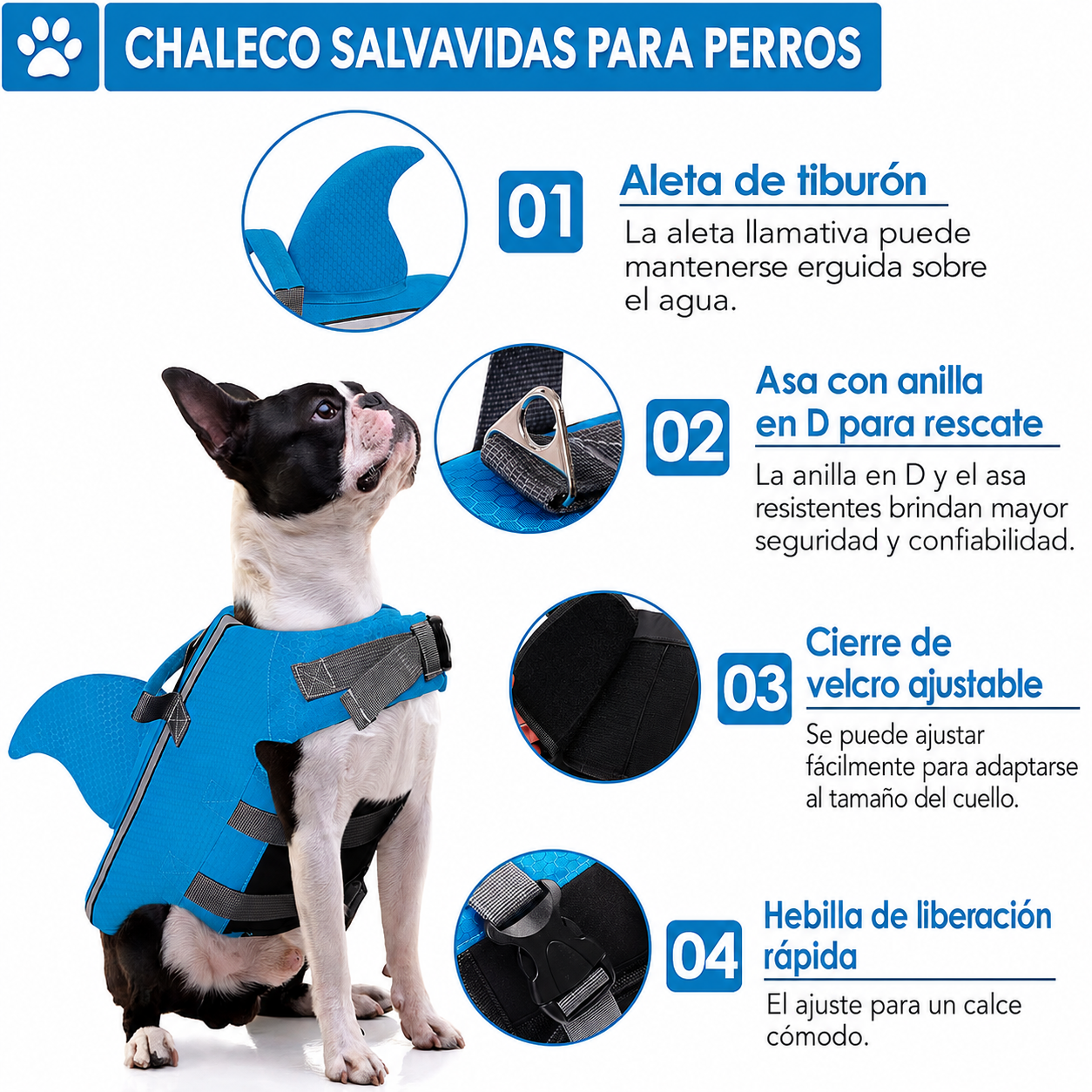 Chaleco Salvavidas para Mascotas talla XS azul de aleta