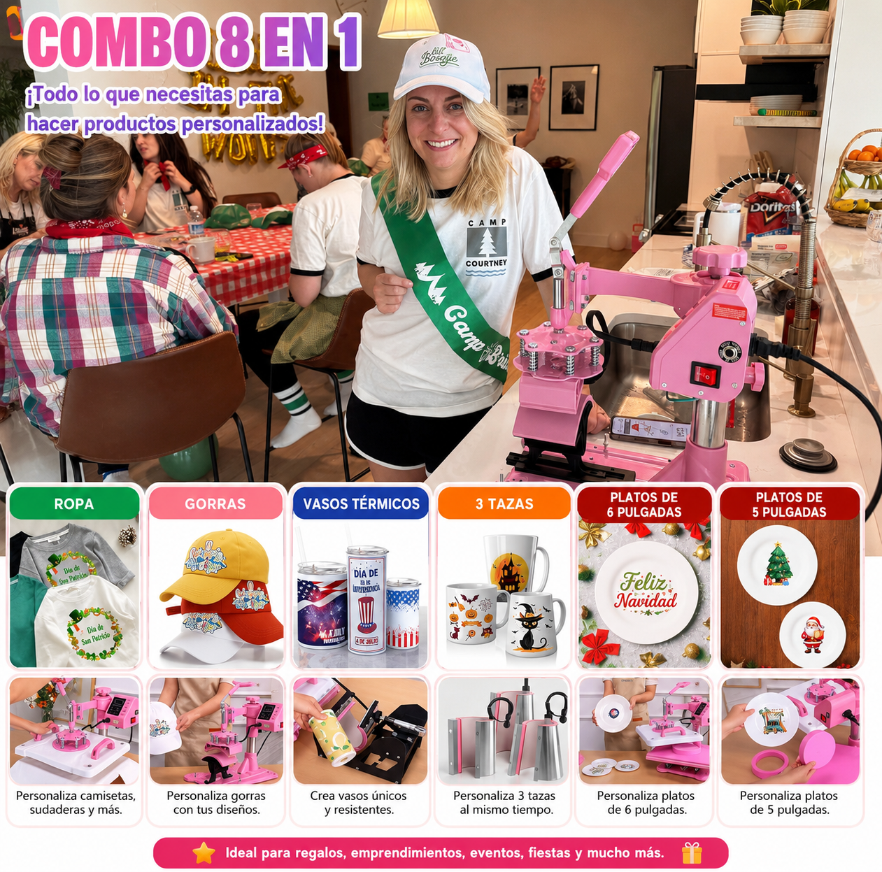 Prensa térmica de calor 8 en 1 Rosa con blanco (SOBRE PEDIDO)
