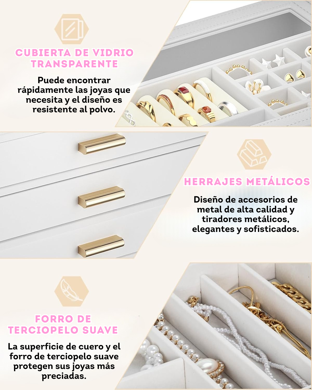 Joyero grande Organizador con divisiones Rosa