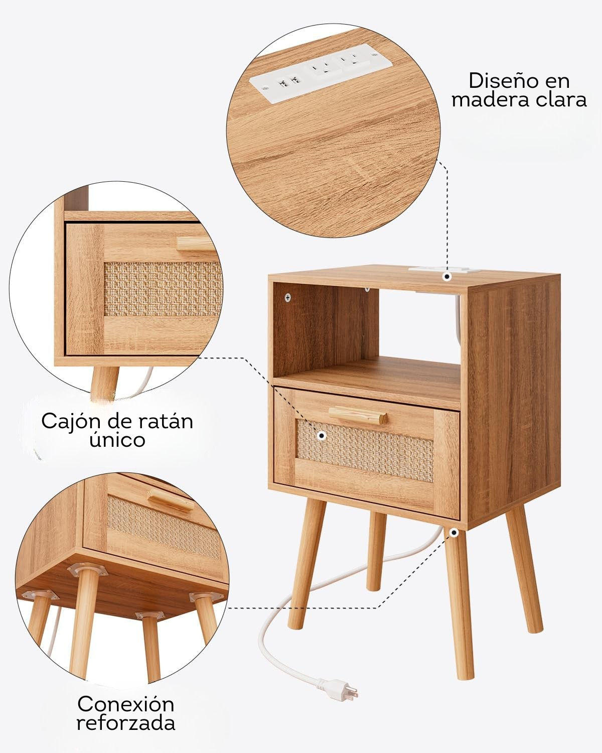 Mesita de noche de ratán con estación de carga (SOBREPEDIDO)