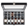 Caja para relojes con 12 espacios y tapa de vidrio color negro (SOBREPEDIDO)