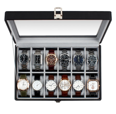 Caja para relojes con 12 espacios y tapa de vidrio color negro (SOBREPEDIDO)