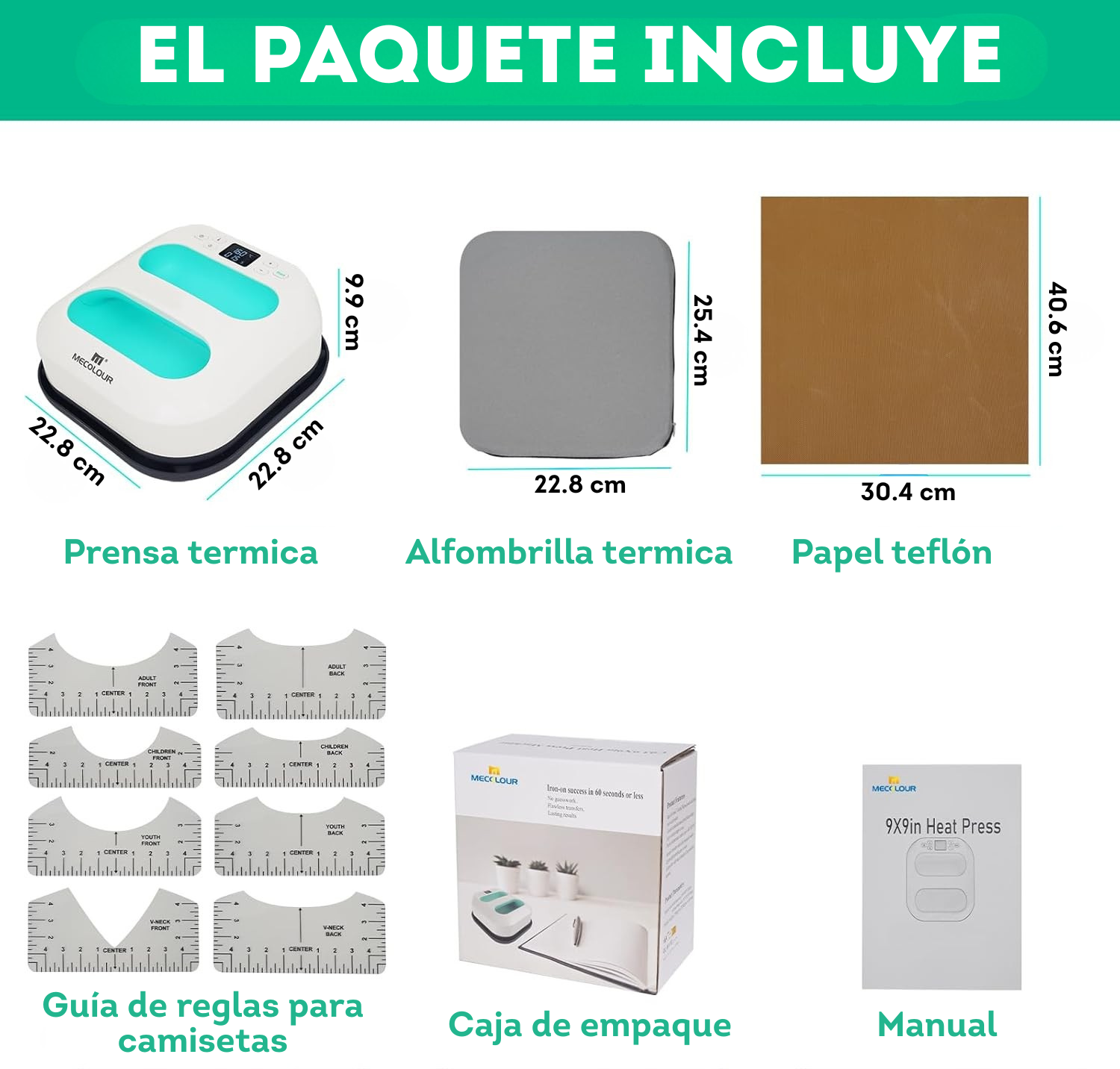 COMBO 3 Máquina portátil de prensa de calor +, 1 Papel teflón + 1 Kit  guía de reglas + 1 Alfombrilla - SOBREPEDIDO
