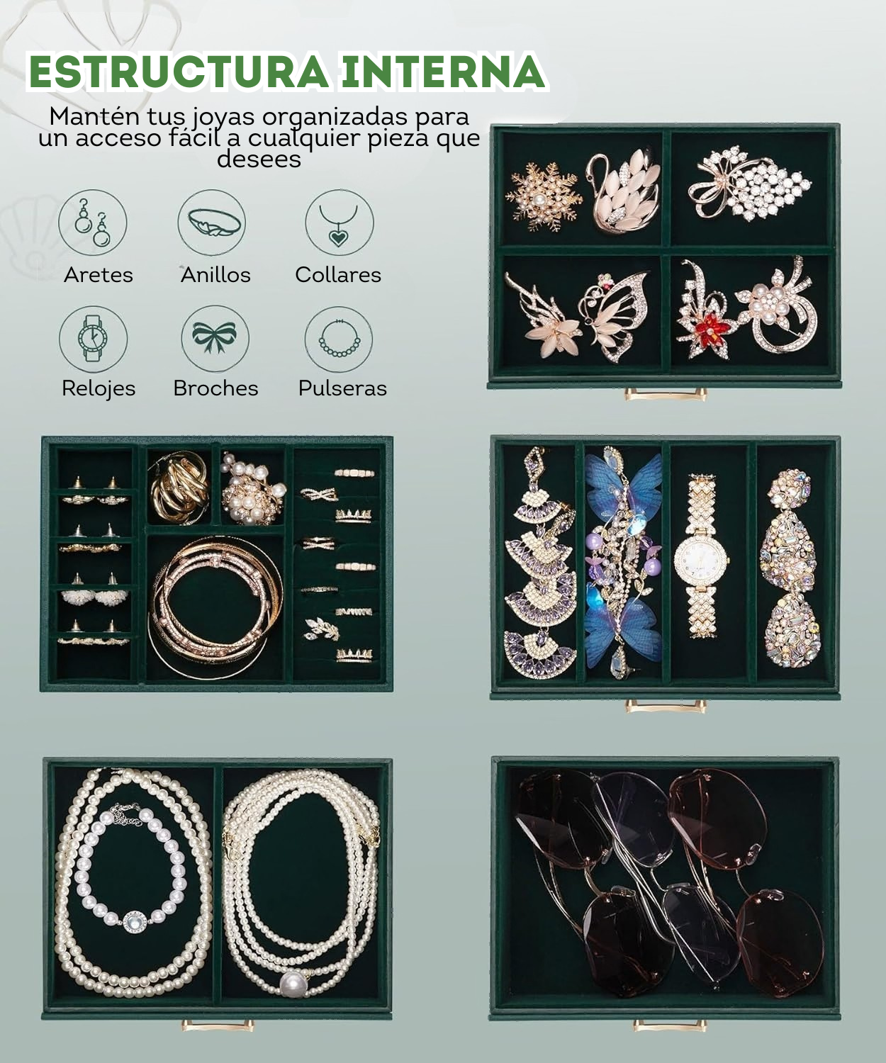 Joyero grande organizador de joyas y accesorios color verde
