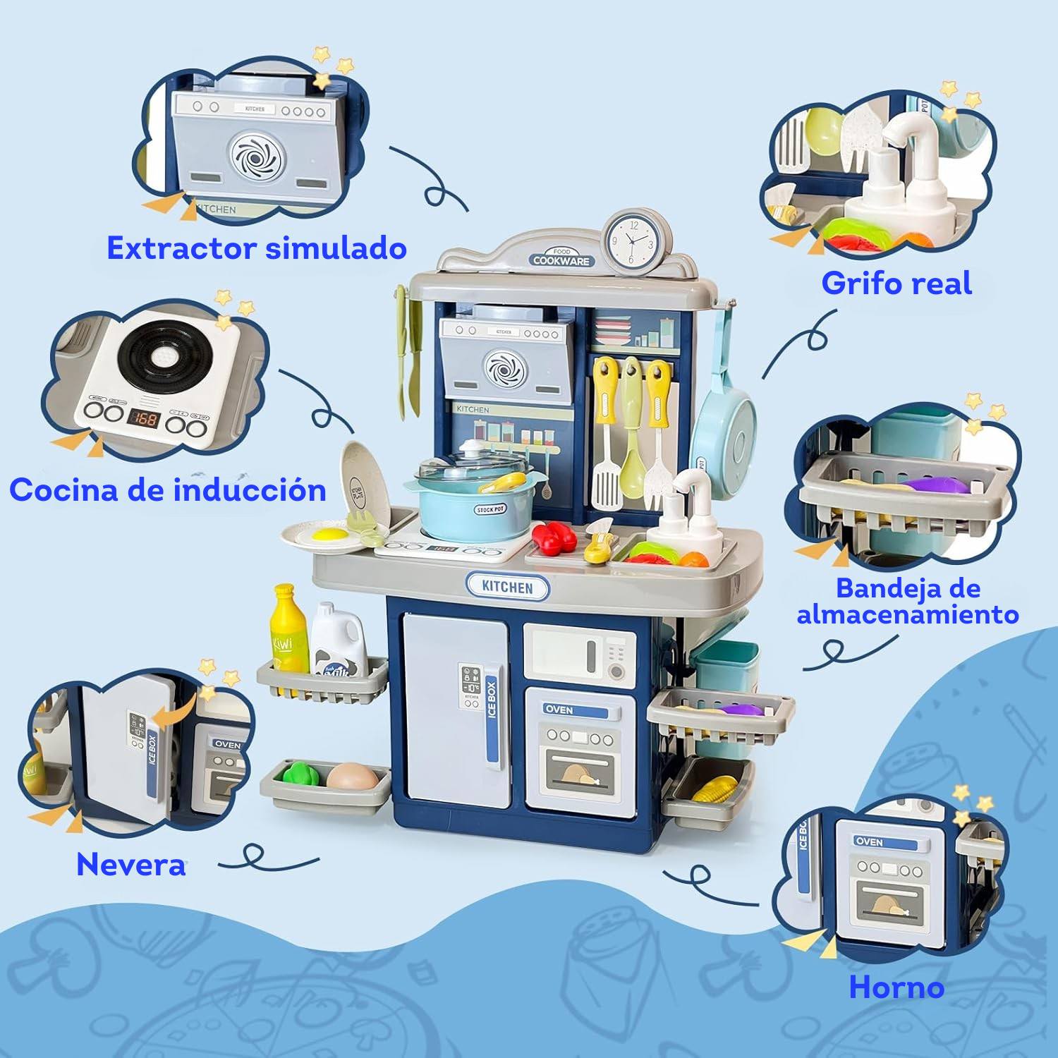 Juego de cocina azul para niños Diversión Realista