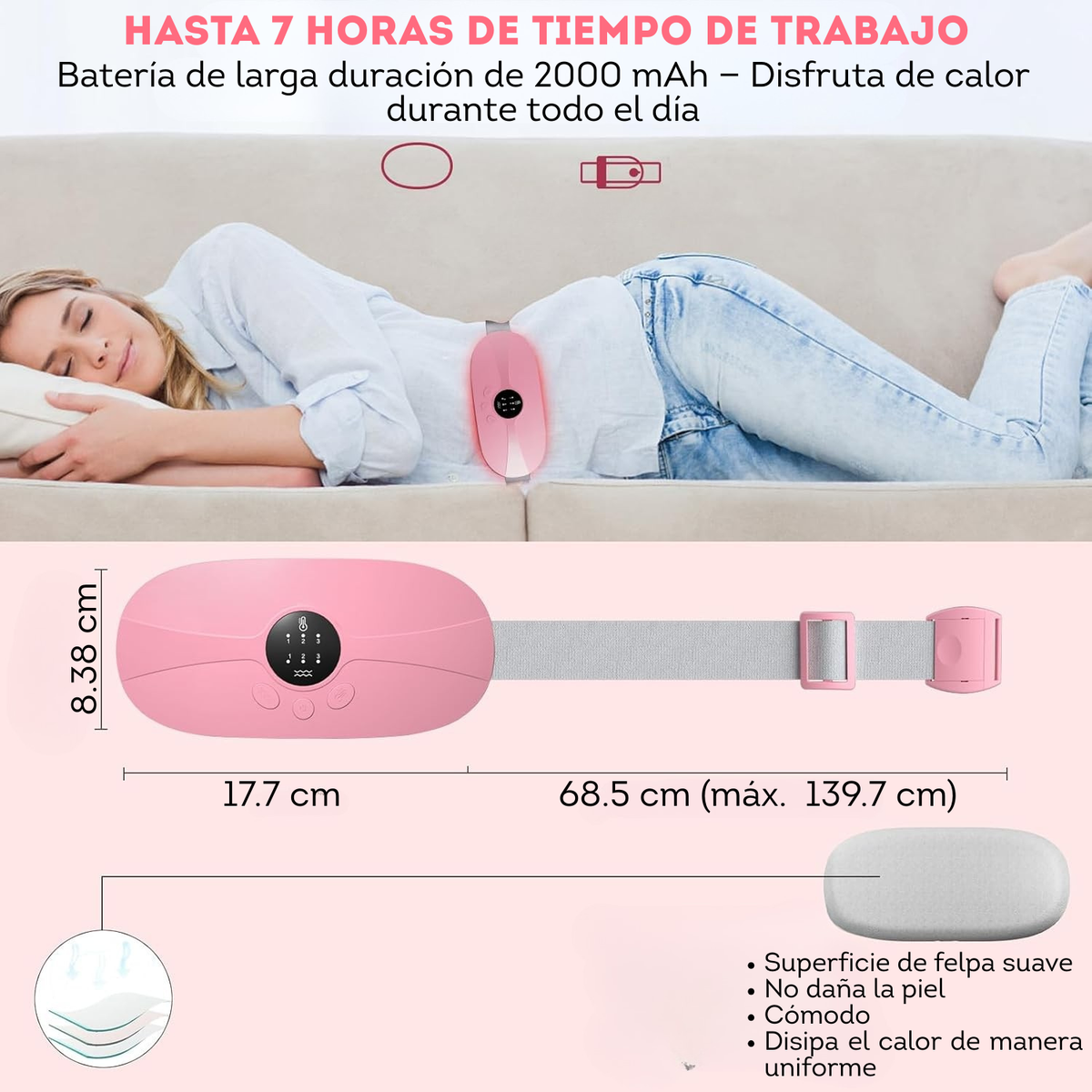 Cinturón térmico rosa para cólicos y calambres
