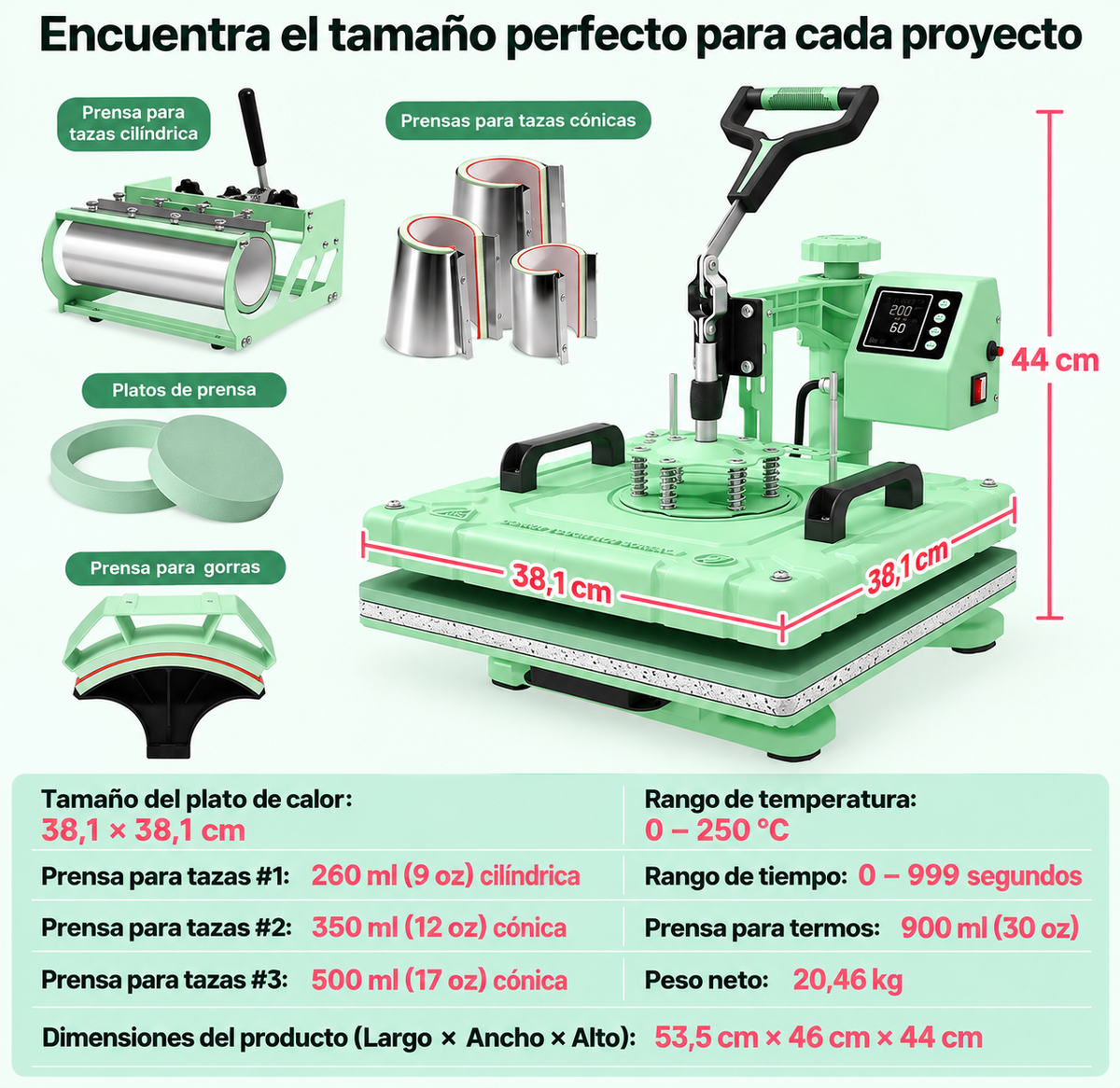 Prensa térmica de calor 8 en 1 verde claro - 38 cm x 38 cm (SOBRE PEDIDO)