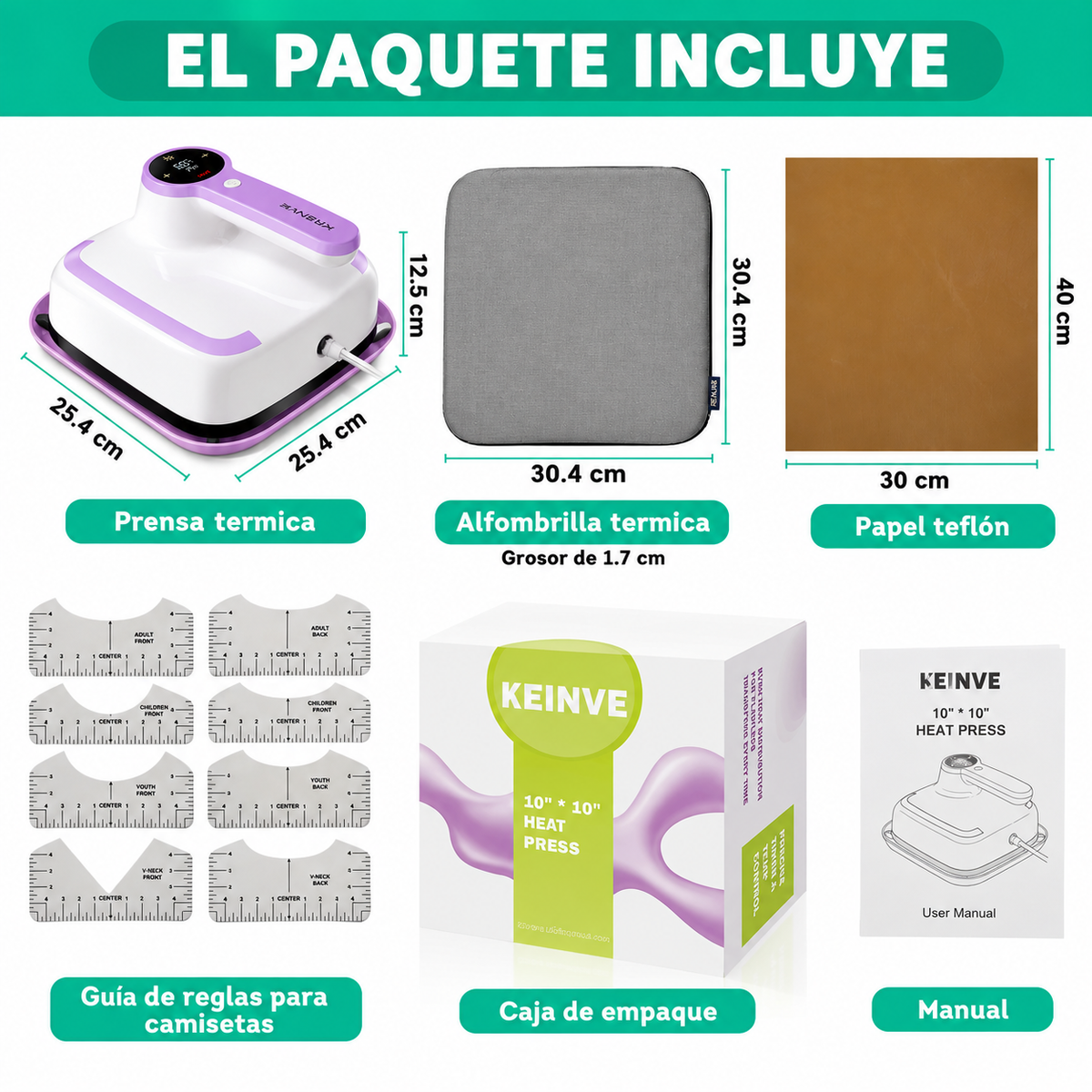 COMBO 3 Máquina portátil de prensa de calor +, 1 Papel teflón + 1 Kit  guía de reglas + 1 Alfombrilla - SOBRE PEDIDO