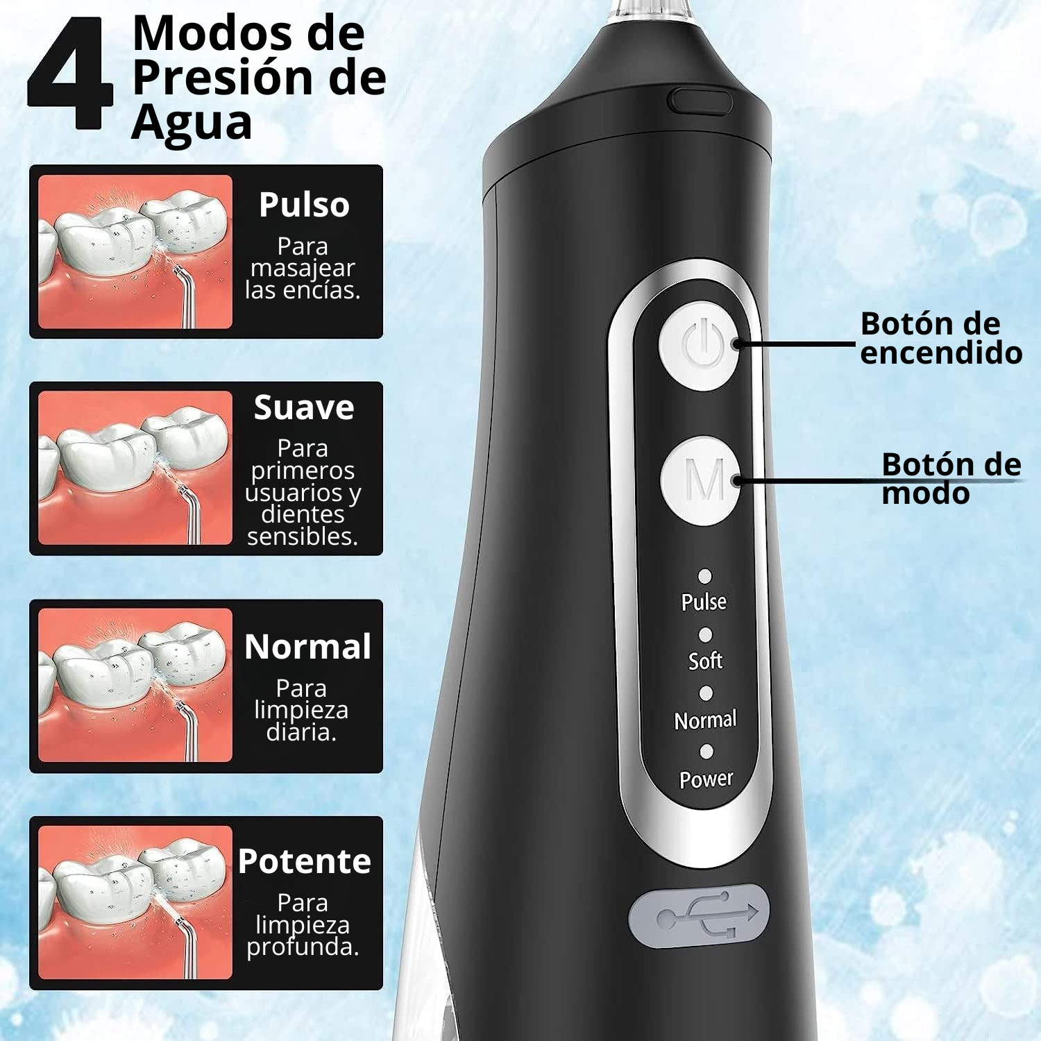 Irrigador dental recargable para limpieza de dientes
