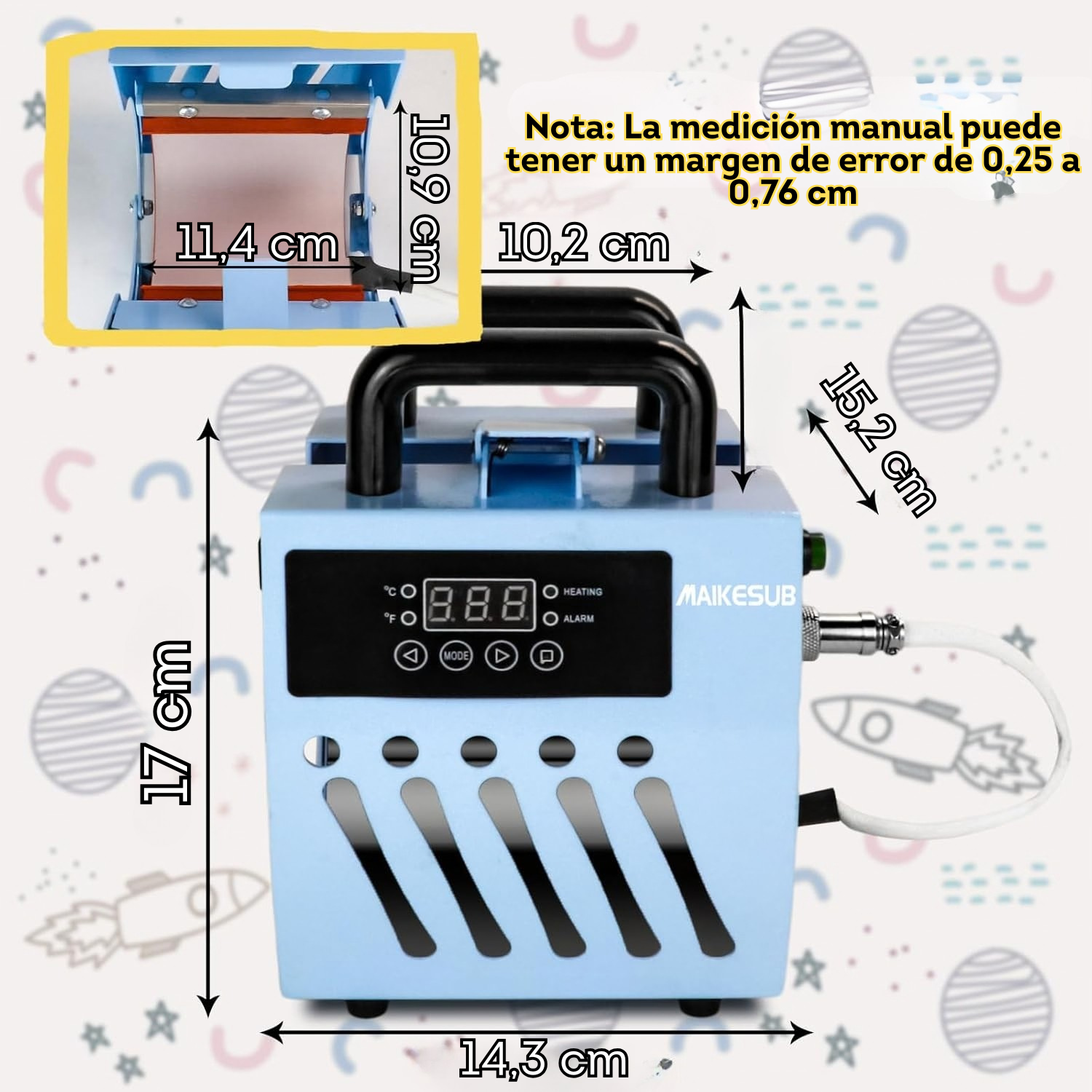 Prensa de calor para tazas, pocillos y termos Celeste (SOBRE PEDIDO)