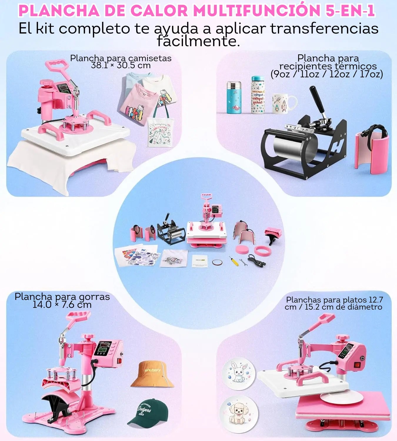 Prensa térmica de calor 5 en 1 Rosa con blanco (Disponible para envio)
