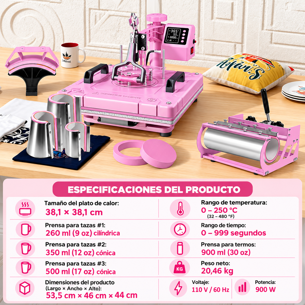Prensa térmica de calor 8 en 1 Rosa con gris - 38 cm x 38 cm (SOBRE PEDIDO)