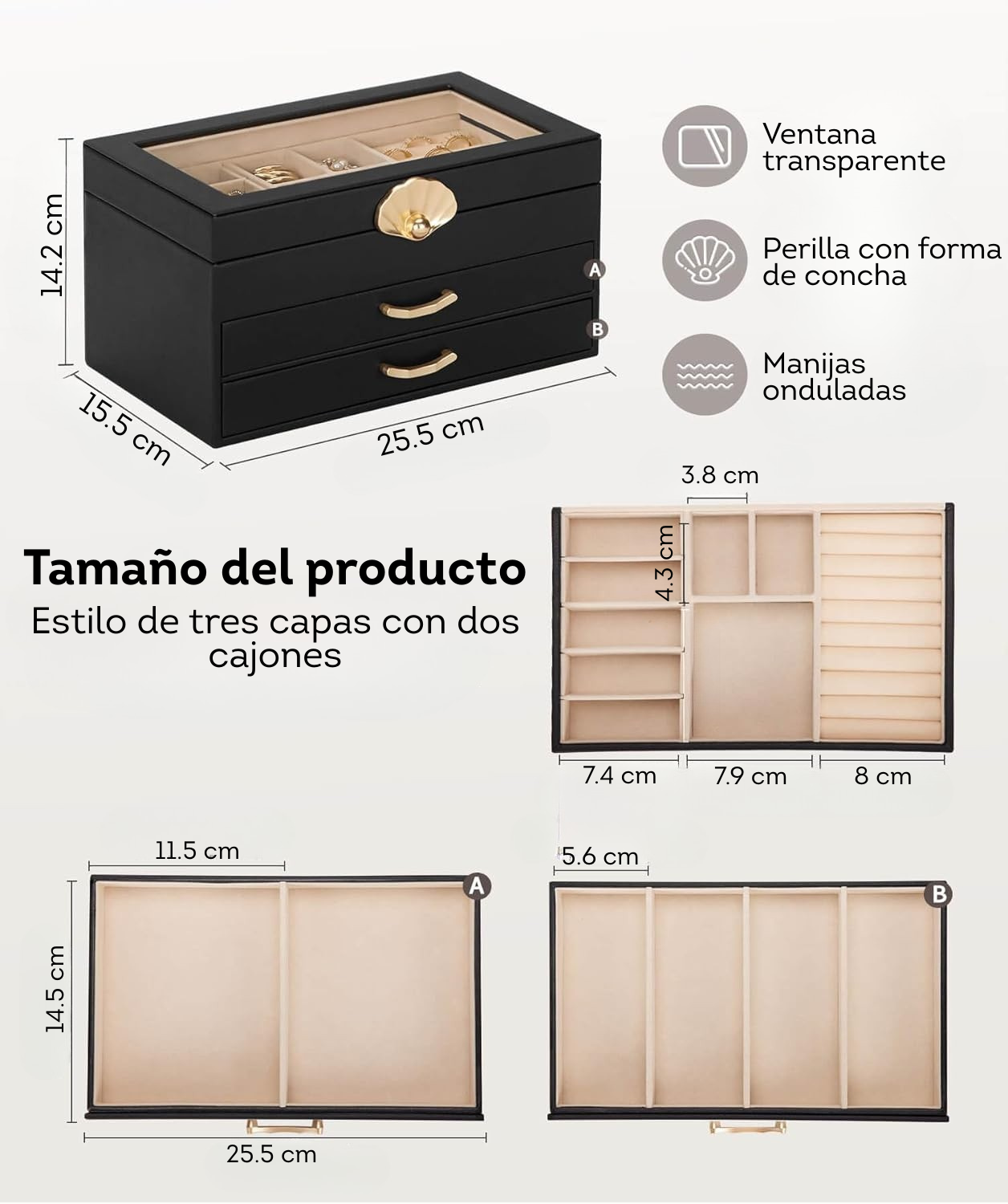 Joyero grande Organizador con divisiones negro